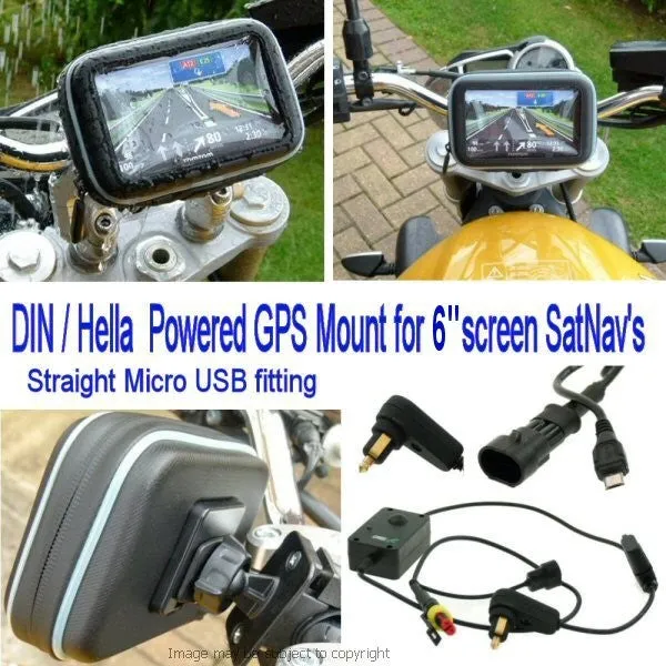 6inch SatNav GPS DIN - Hella Powered Motorcycle Mount - Straight Micro USB (SKU 14150)