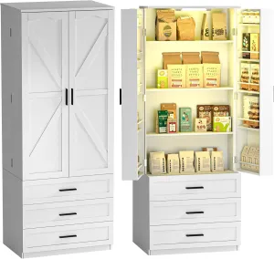 72" LED Kitchen Pantry Cabinet with 3 Drawers Farmhouse Tall Storage Cabinet Wood Food Pantry with Barn Doors and Adjustable Shelves Versatile Storage Freestanding Cupboard for Kitchen