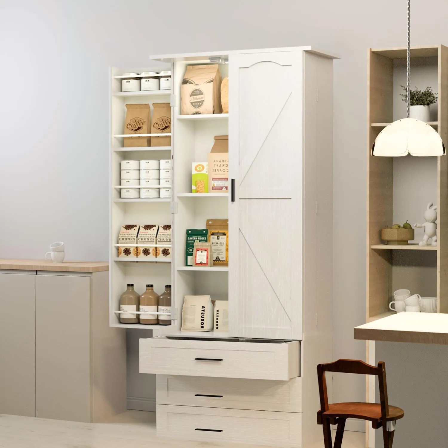 72" LED Kitchen Pantry Cabinet with 3 Drawers Farmhouse Tall Storage Cabinet Wood Food Pantry with Barn Doors and Adjustable Shelves Versatile Storage Freestanding Cupboard for Kitchen