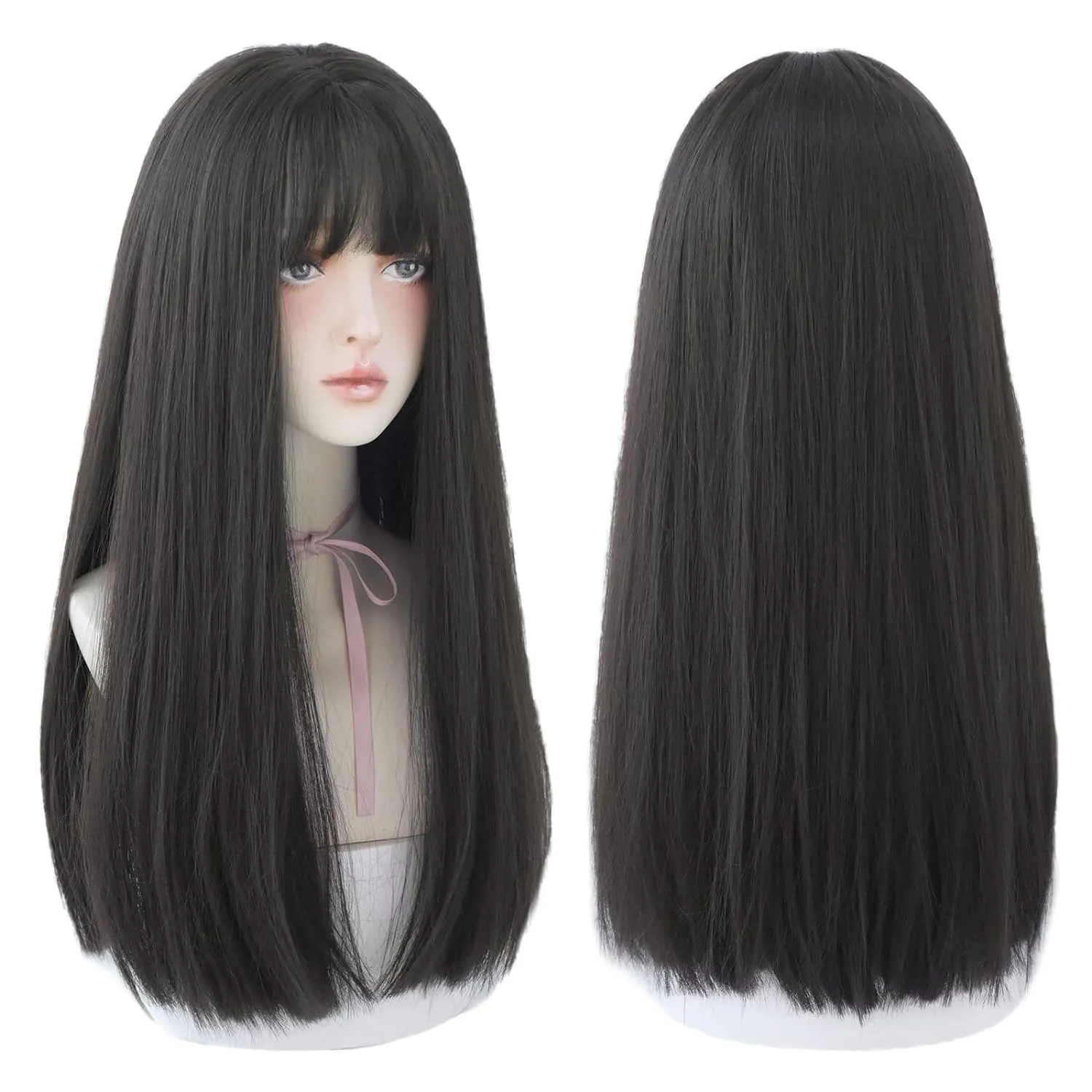 7JHH WIGS Long Straight Wig With Bangs Hair Dye Black Wig for Women Synthetic Natural Black Hair Party And Cosplay Premium Soft Wig(23 inch Black)