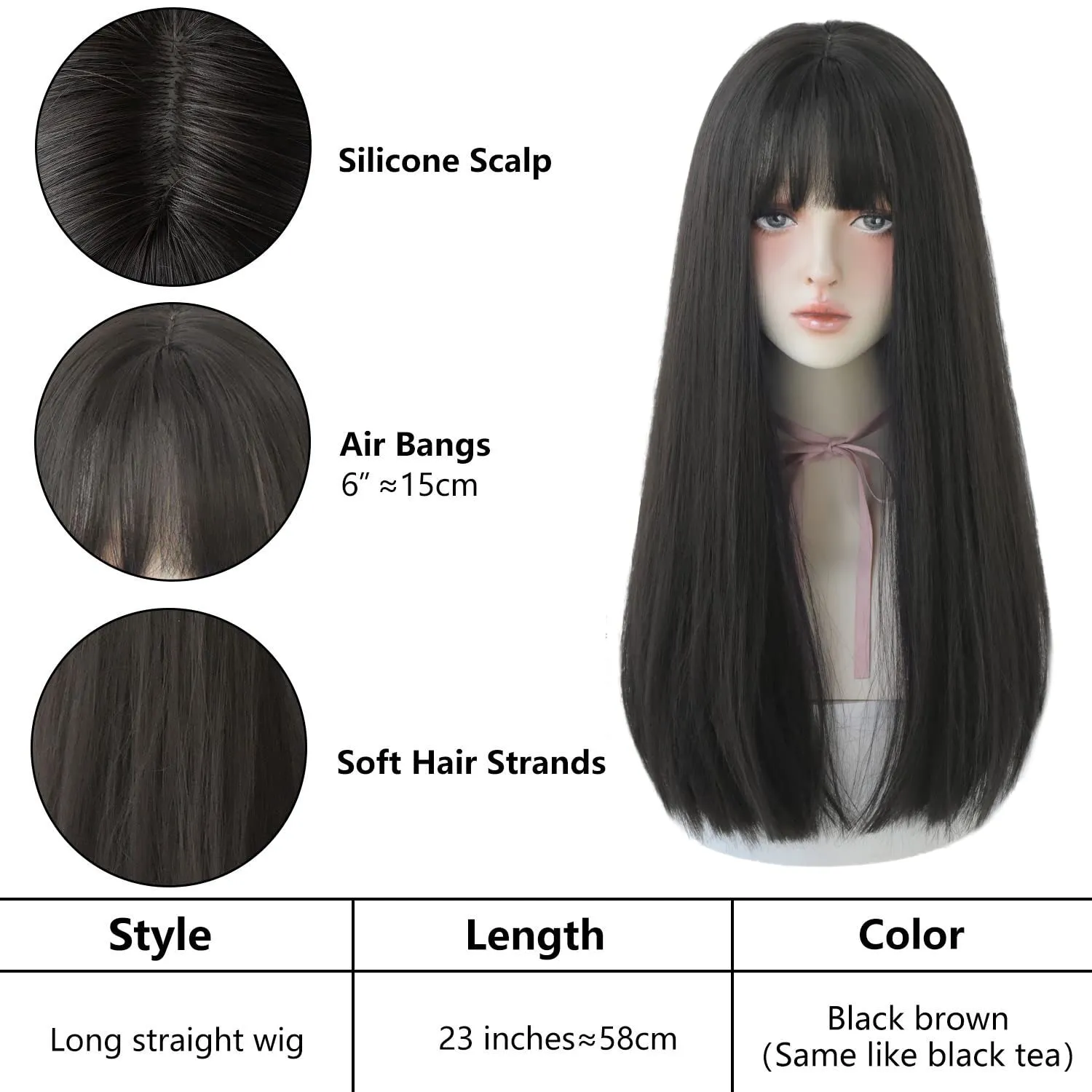 7JHH WIGS Long Straight Wig With Bangs Hair Dye Black Wig for Women Synthetic Natural Black Hair Party And Cosplay Premium Soft Wig(23 inch Black)