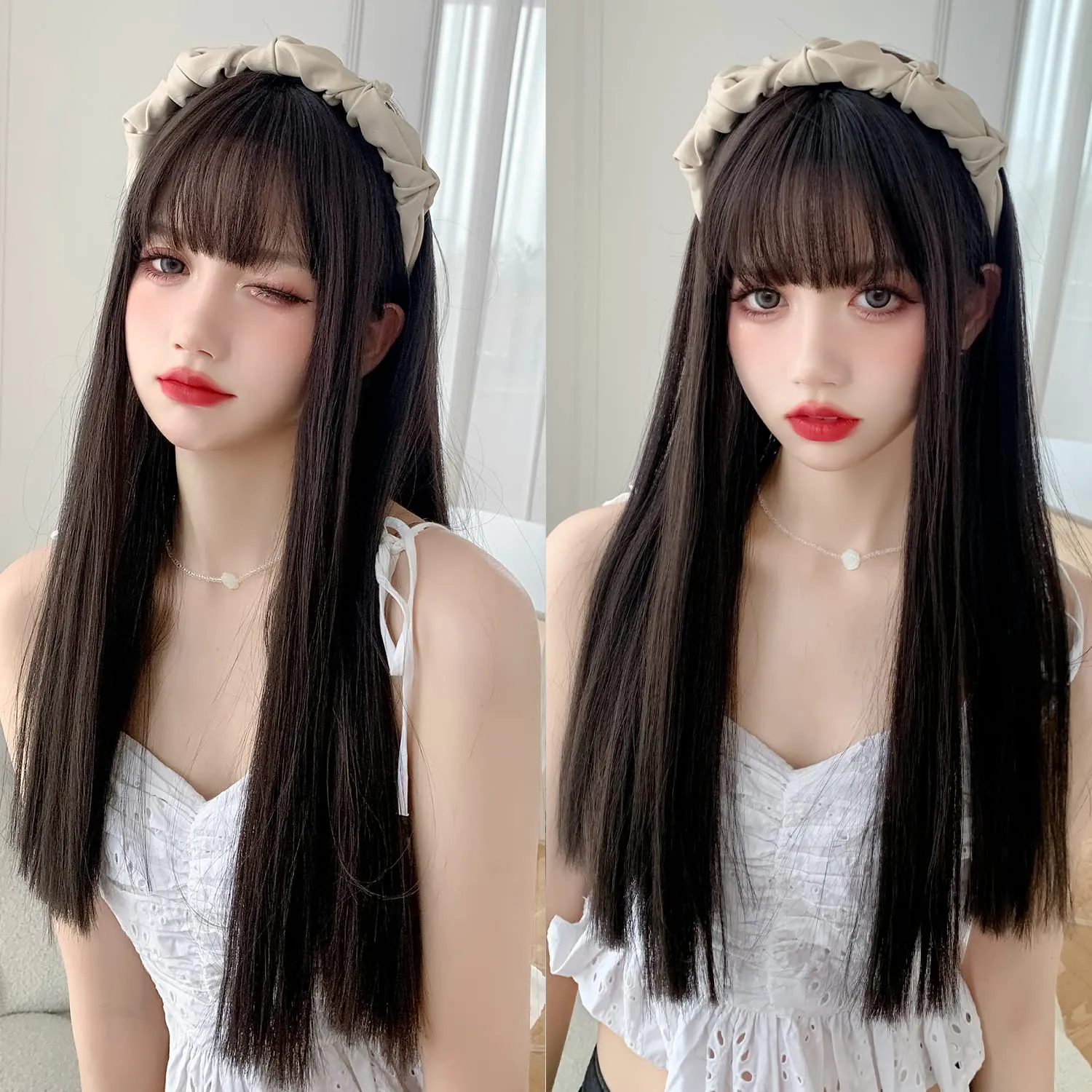 7JHH WIGS Long Straight Wig With Bangs Hair Dye Black Wig for Women Synthetic Natural Black Hair Party And Cosplay Premium Soft Wig(23 inch Black)