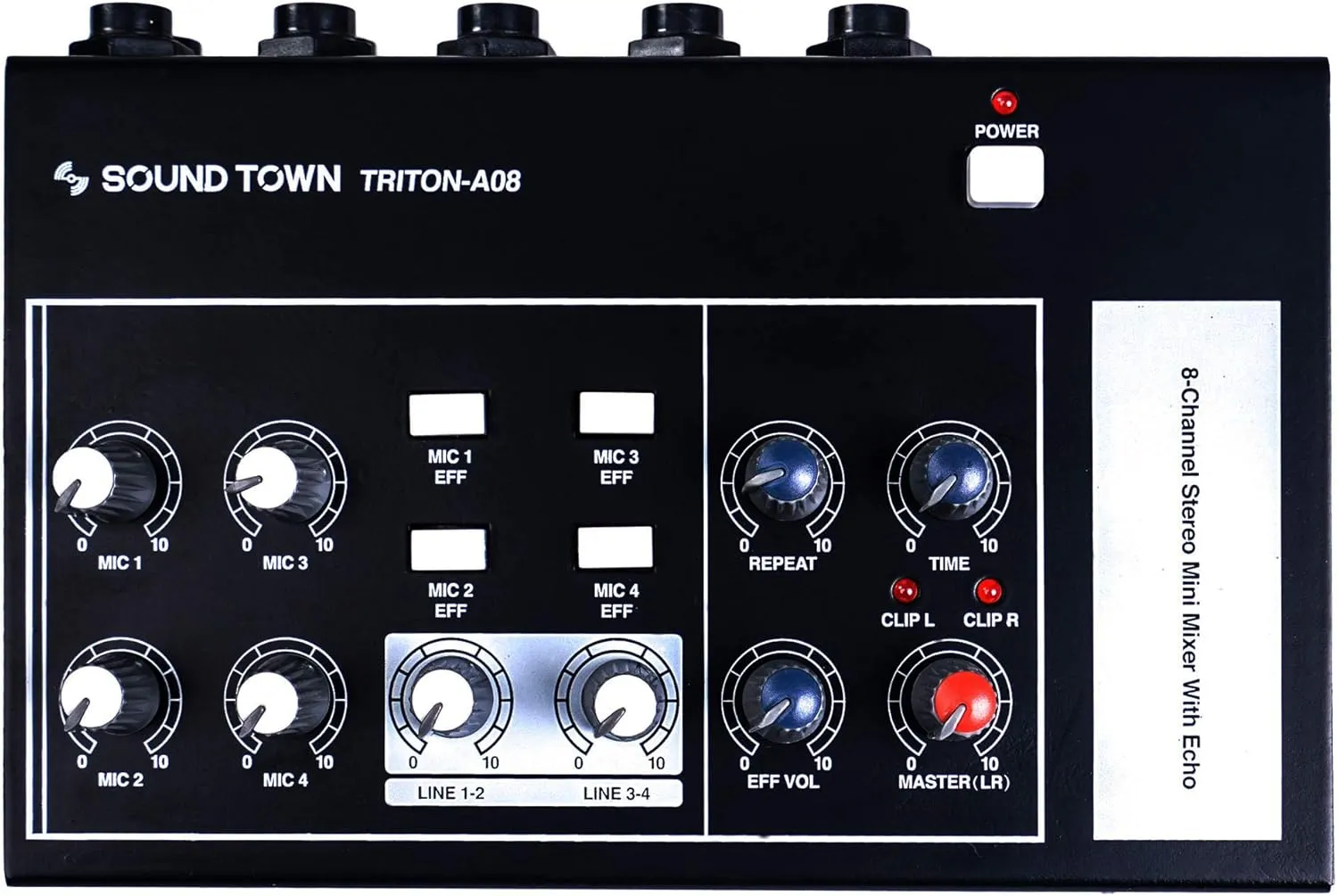 8-Channel Mono Stereo Karaoke Mini Mixer with 1/4” Inputs and Outputs, Echo/Delay Effect and Depth Controls (TRITON-A08)