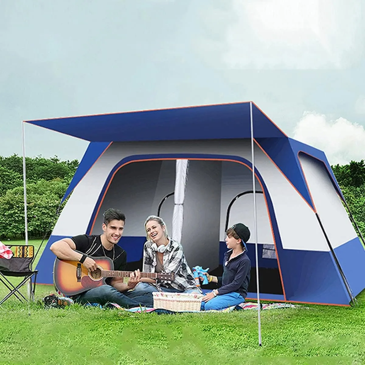 8 Person Tent with Mat Family Tents for Party Camping,Large Sun Shelter Camping Tent with Hall,Waterproof and Windproof,Suitable for Hiking, Camping, Outdoor (Color : Blue)