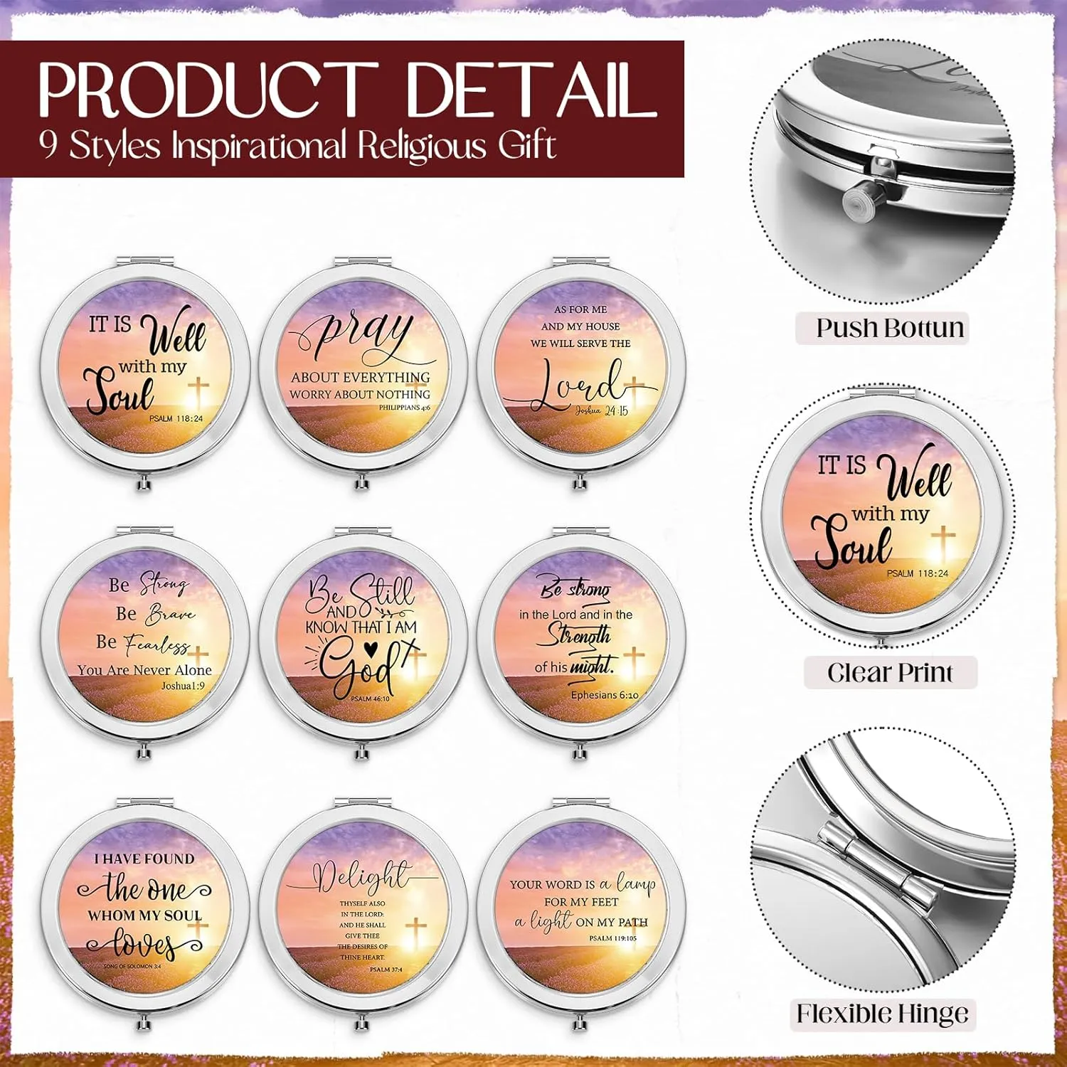 9 Pcs Church Gifts Christian Compact Mirrors for Women Makeup Compact Mirrors Bulk with Christian Bible Verse Inspirational Religious Gift for Mother Women Friends