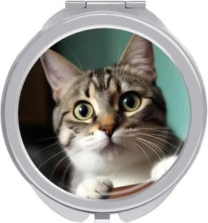 A Curious Cat Travel Makeup Mirror, 1x/2x Magnification, Portable Pocket Mirror for Purse Round Mini Cosmetic Compact Mirror Cute Handbag Mirror
