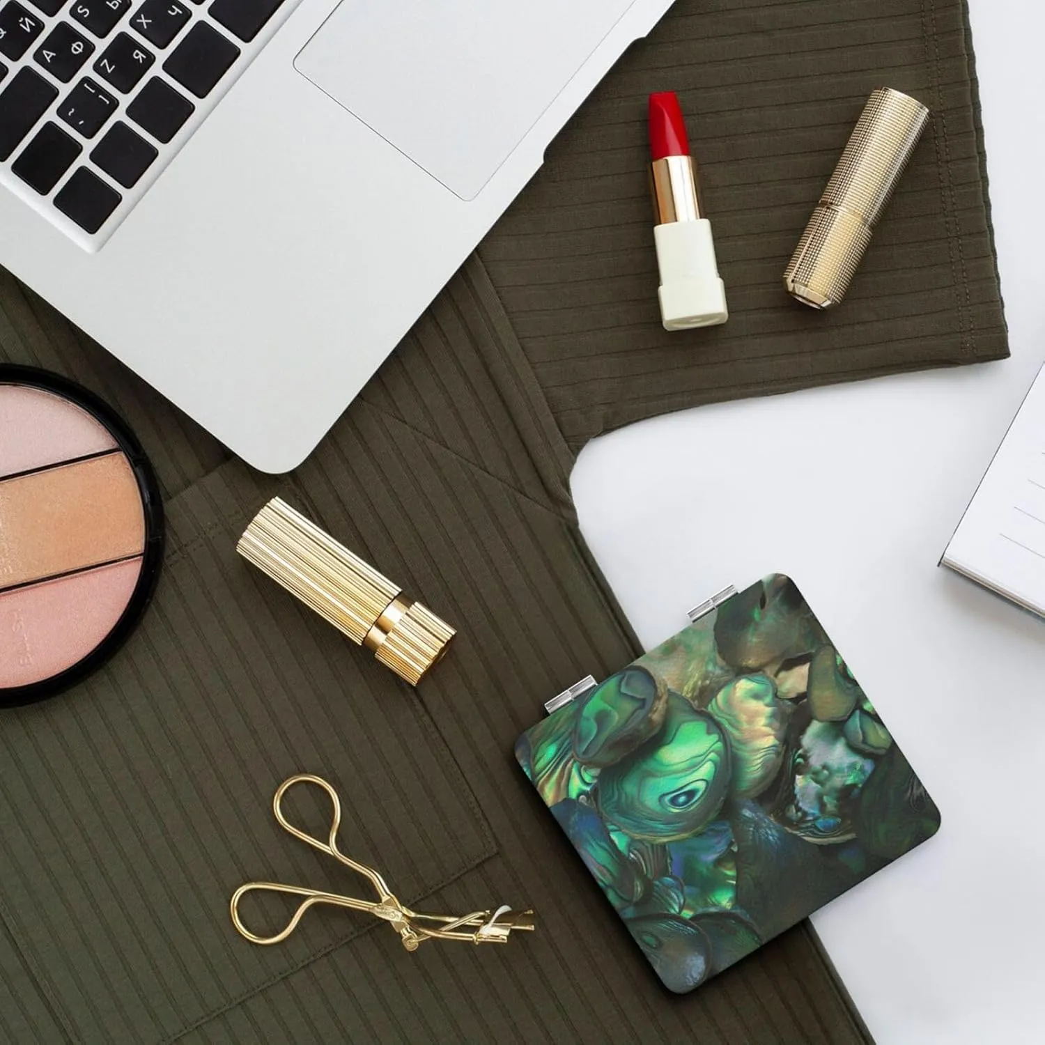 Abalone Nacre Printed Square Pocket Makeup Mirror with 1X/2X Magnification, Portable Mini Travel Makeup Mirror for Travel Daily Work Beauty