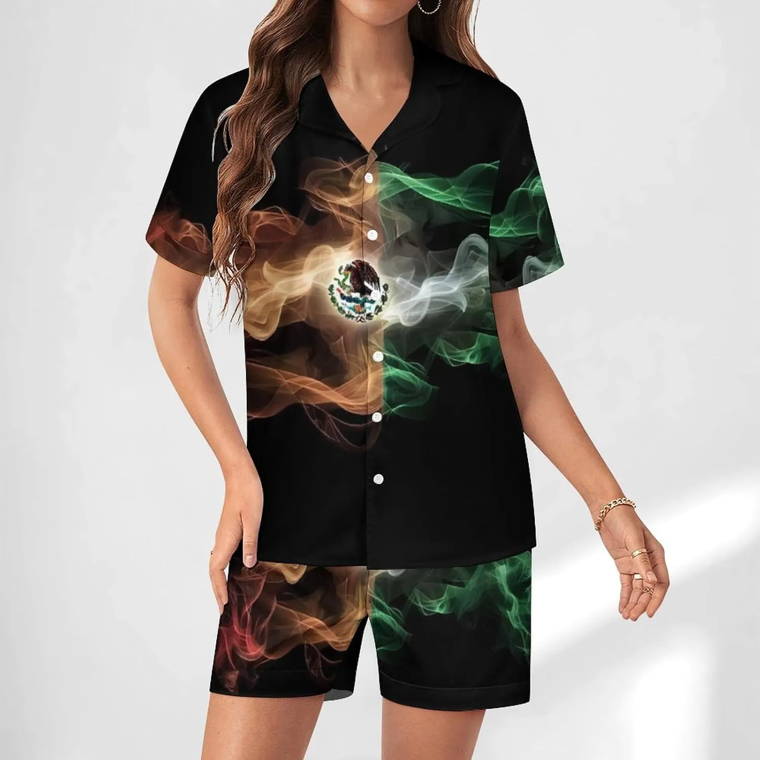 Abstract Print Mexico Flag Women's Satin Pajama Set Short Sleeve Button Down Sleepwear Loungewear Pj Set