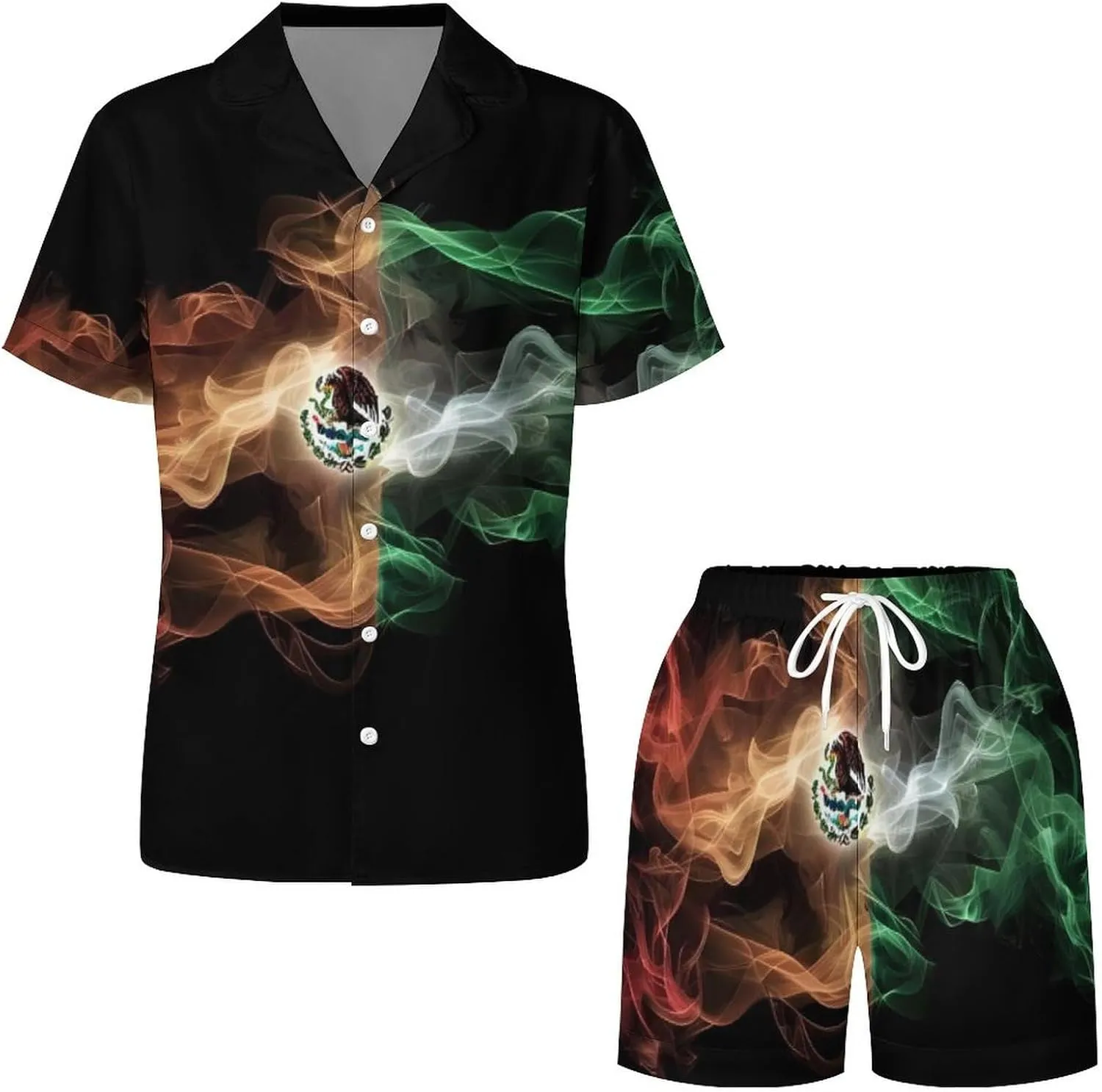 Abstract Print Mexico Flag Women's Satin Pajama Set Short Sleeve Button Down Sleepwear Loungewear Pj Set