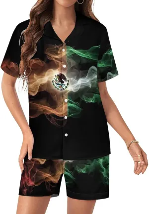 Abstract Print Mexico Flag Women's Satin Pajama Set Short Sleeve Button Down Sleepwear Loungewear Pj Set