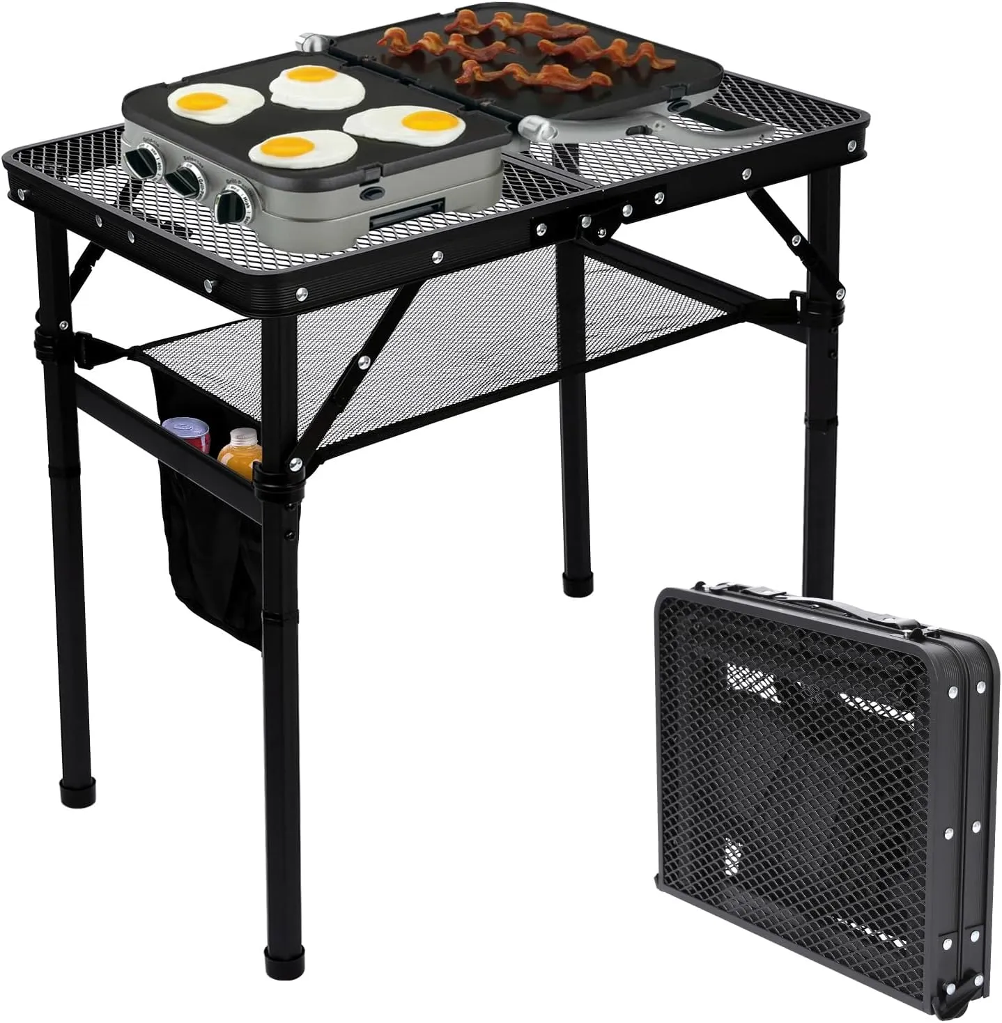 Adjustable Height Camping Table with Mesh Desktop, Lightweight and Foldable Grill Tables for Outdoor BBQ, Picnic, Beach and Indoor Use