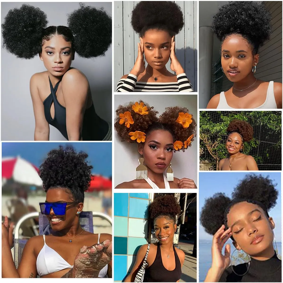 Afro Puff Drawstring Ponytail 2Pcs Short Synthetic Kinky Curly Bun Hair Extensions, Updo Hairpieces for Black Women Girls (1B Natural Black)