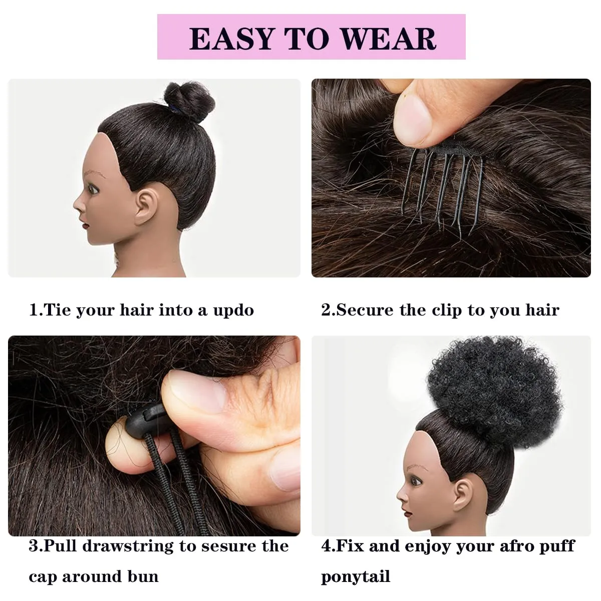 Afro Puff Drawstring Ponytail 2Pcs Short Synthetic Kinky Curly Bun Hair Extensions, Updo Hairpieces for Black Women Girls (1B Natural Black)