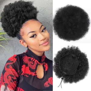 Afro Puff Drawstring Ponytail 2Pcs Short Synthetic Kinky Curly Bun Hair Extensions, Updo Hairpieces for Black Women Girls (1B Natural Black)