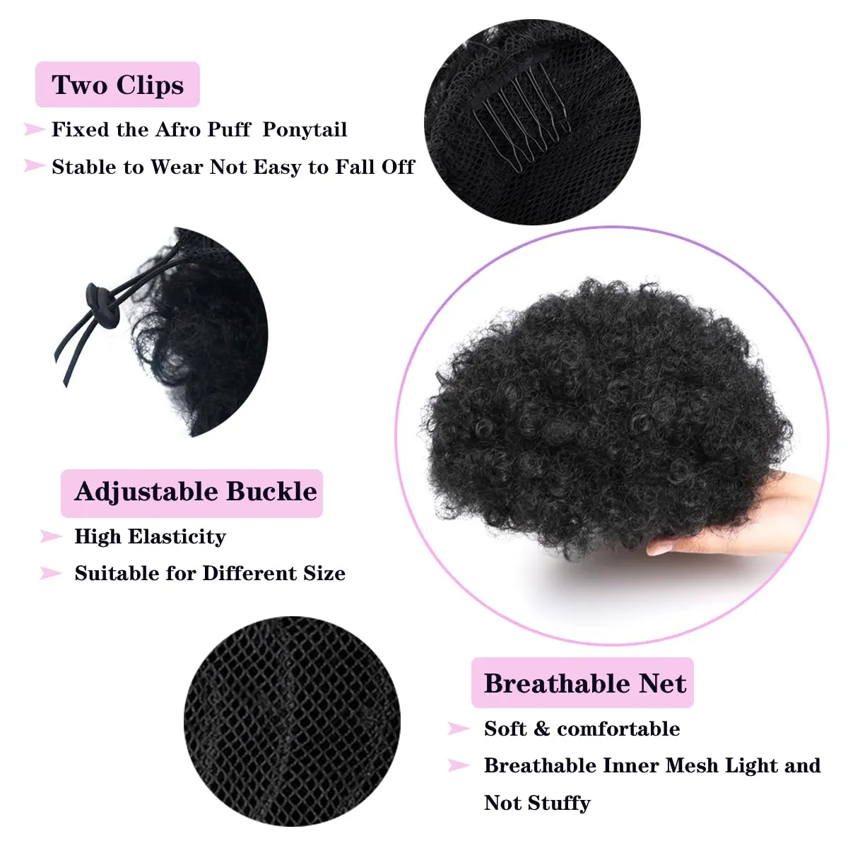 Afro Puff Drawstring Ponytail 2Pcs Short Synthetic Kinky Curly Bun Hair Extensions, Updo Hairpieces for Black Women Girls (1B Natural Black)