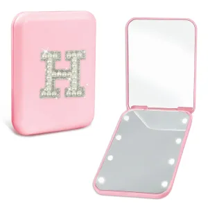 Aganmi Personalized LED Travel Compact Mirror for Purses, Pearl Initial Letter 1X/2X Magnification Small Makeup Mirror with Lights Pink Portable Pocket Mirror Sister Bridesmaid Mom Gifts (H)