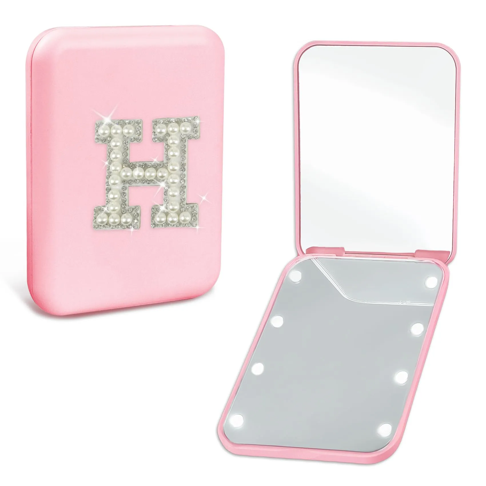 Aganmi Personalized LED Travel Compact Mirror for Purses, Pearl Initial Letter 1X/2X Magnification Small Makeup Mirror with Lights Pink Portable Pocket Mirror Sister Bridesmaid Mom Gifts (H)