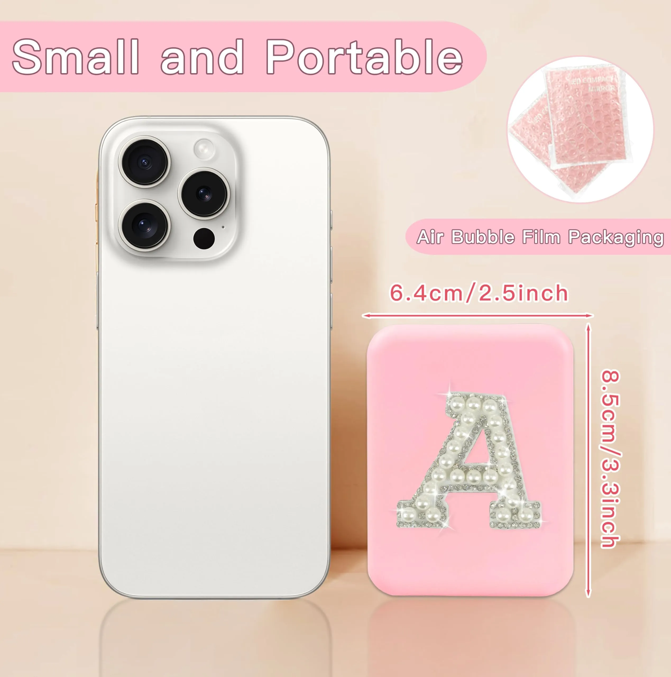 Aganmi Small Mirror with Lights Teen Girl Gifts Trendy Stuff Personalized Pearl Initial LED Pink Folding Compact Mirror Preppy 1X/2X Magnification Travel Makeup Pocket Mirror for Women (M)
