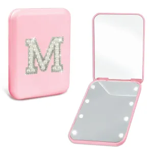 Aganmi Small Mirror with Lights Teen Girl Gifts Trendy Stuff Personalized Pearl Initial LED Pink Folding Compact Mirror Preppy 1X/2X Magnification Travel Makeup Pocket Mirror for Women (M)