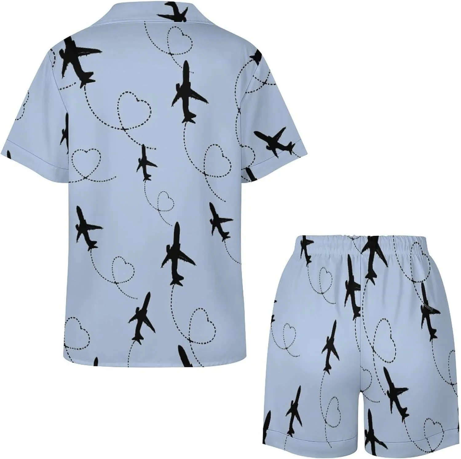 Airplane Heart Women's Satin Pajama Set Short Sleeve Button Down Sleepwear Loungewear Pj Set