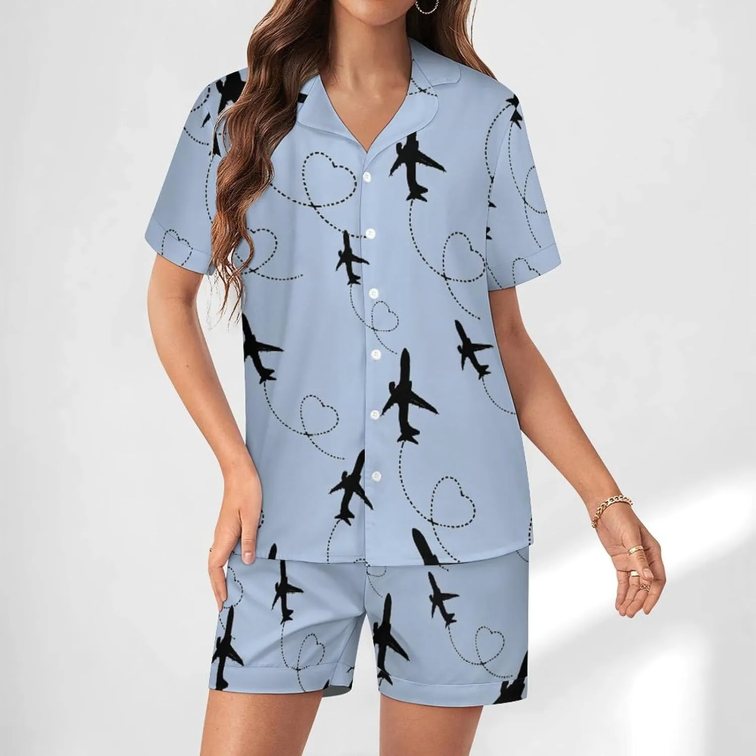 Airplane Heart Women's Satin Pajama Set Short Sleeve Button Down Sleepwear Loungewear Pj Set