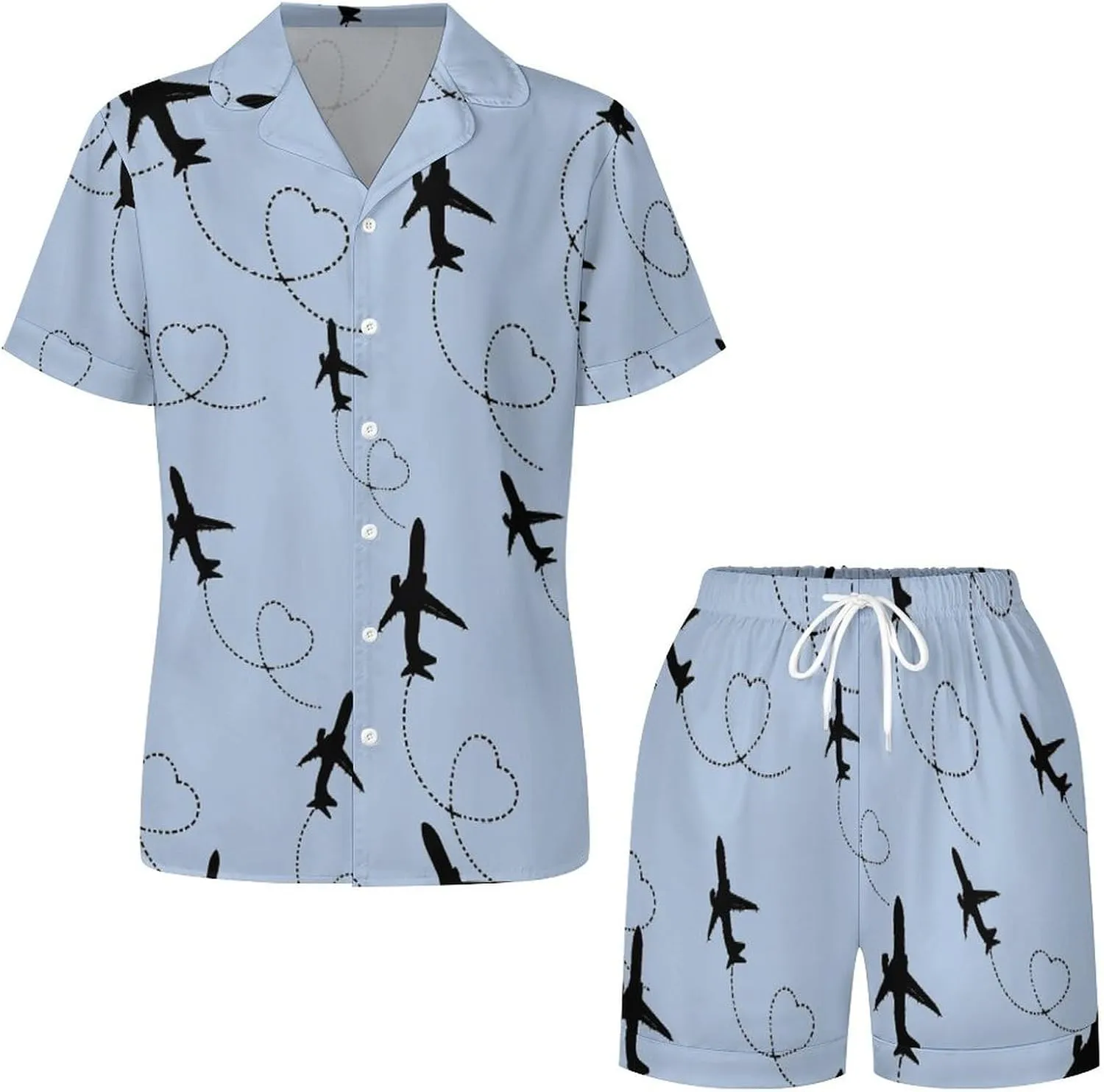 Airplane Heart Women's Satin Pajama Set Short Sleeve Button Down Sleepwear Loungewear Pj Set