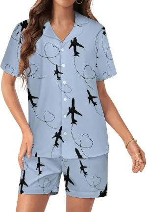 Airplane Heart Women's Satin Pajama Set Short Sleeve Button Down Sleepwear Loungewear Pj Set