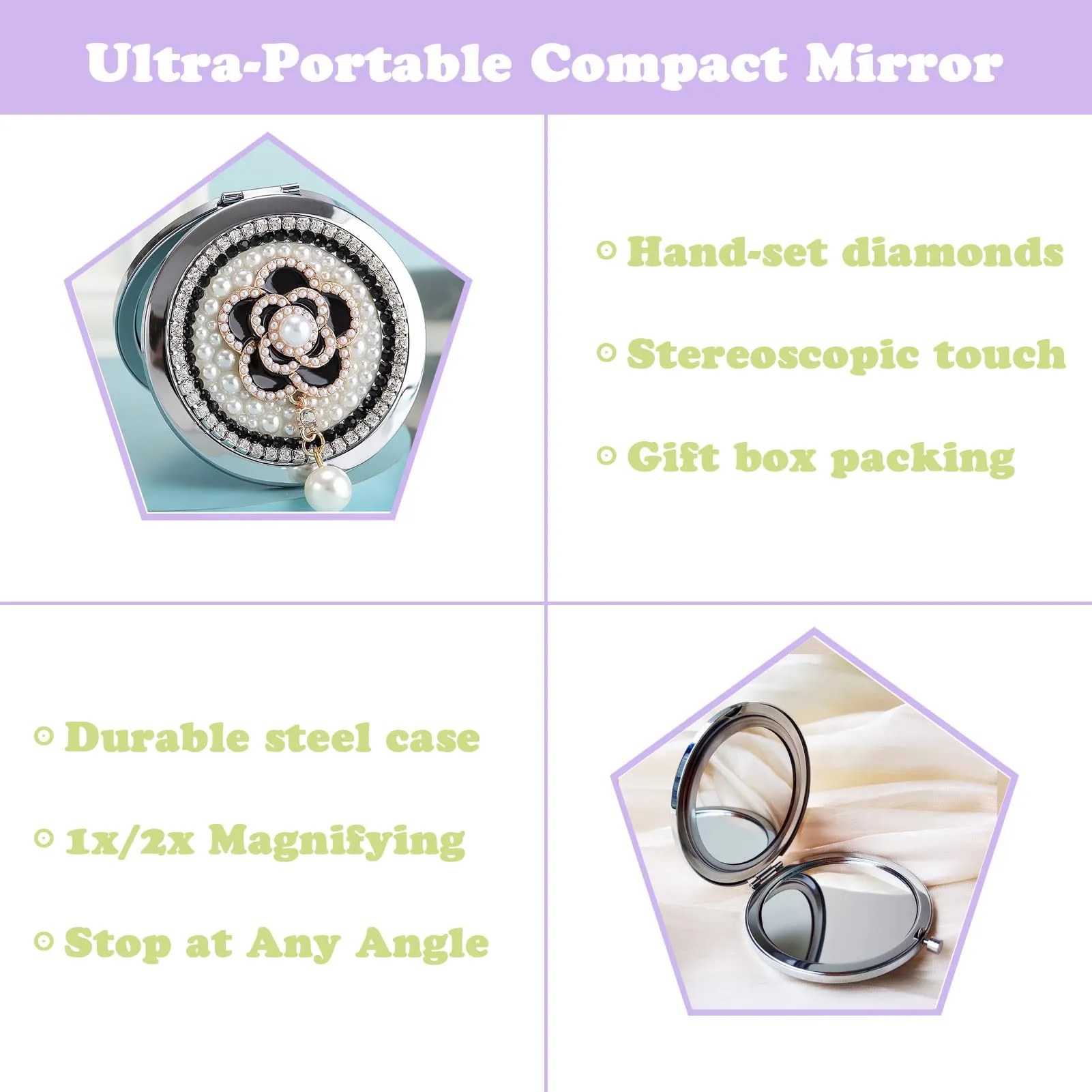 Amanman Compact Mirror 3inch Small Mirror for Purse 1x/2x Magnification Handheld Mirror Lady's Travel Makeup Mirror Gift for Women (Camellia)