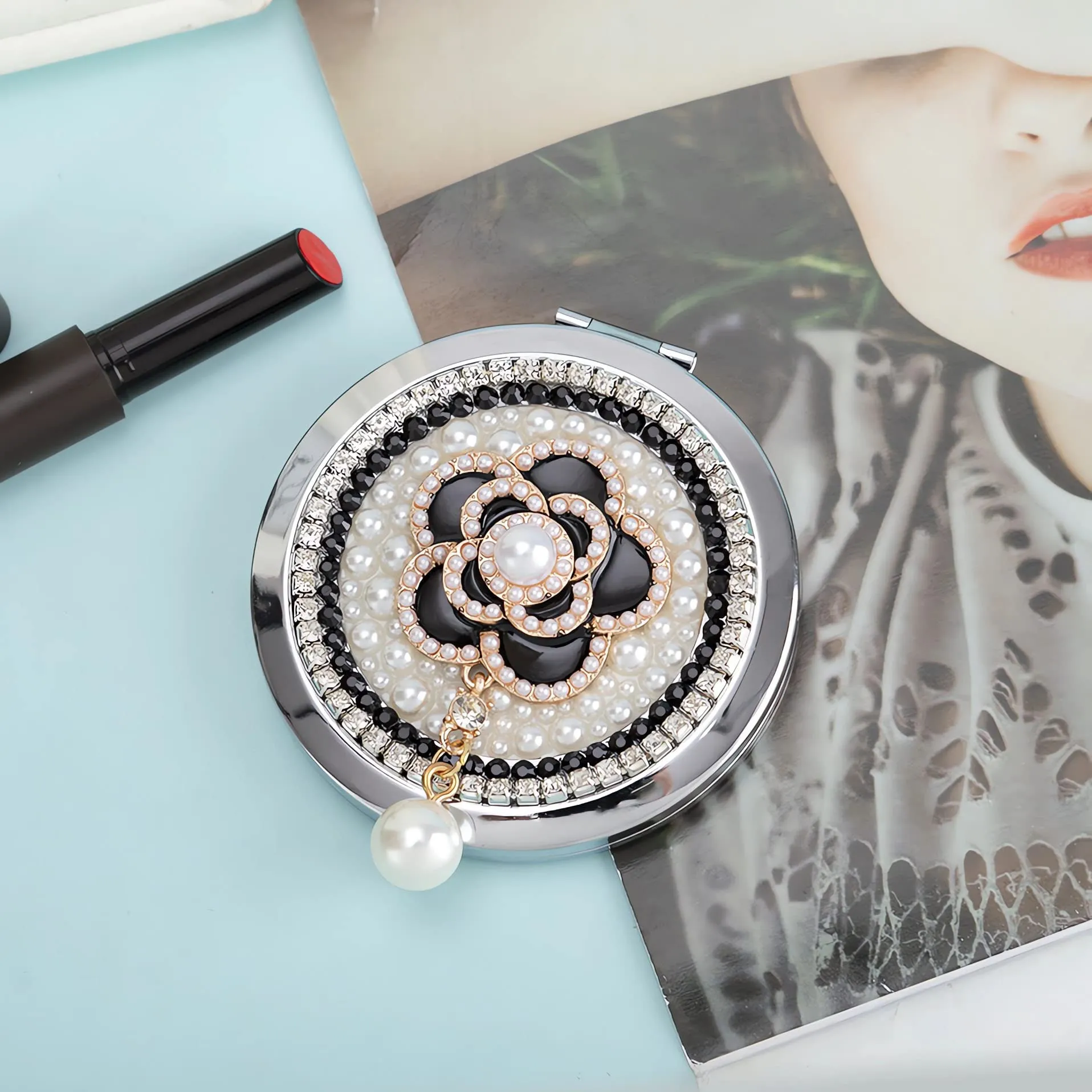 Amanman Compact Mirror 3inch Small Mirror for Purse 1x/2x Magnification Handheld Mirror Lady's Travel Makeup Mirror Gift for Women (Camellia)