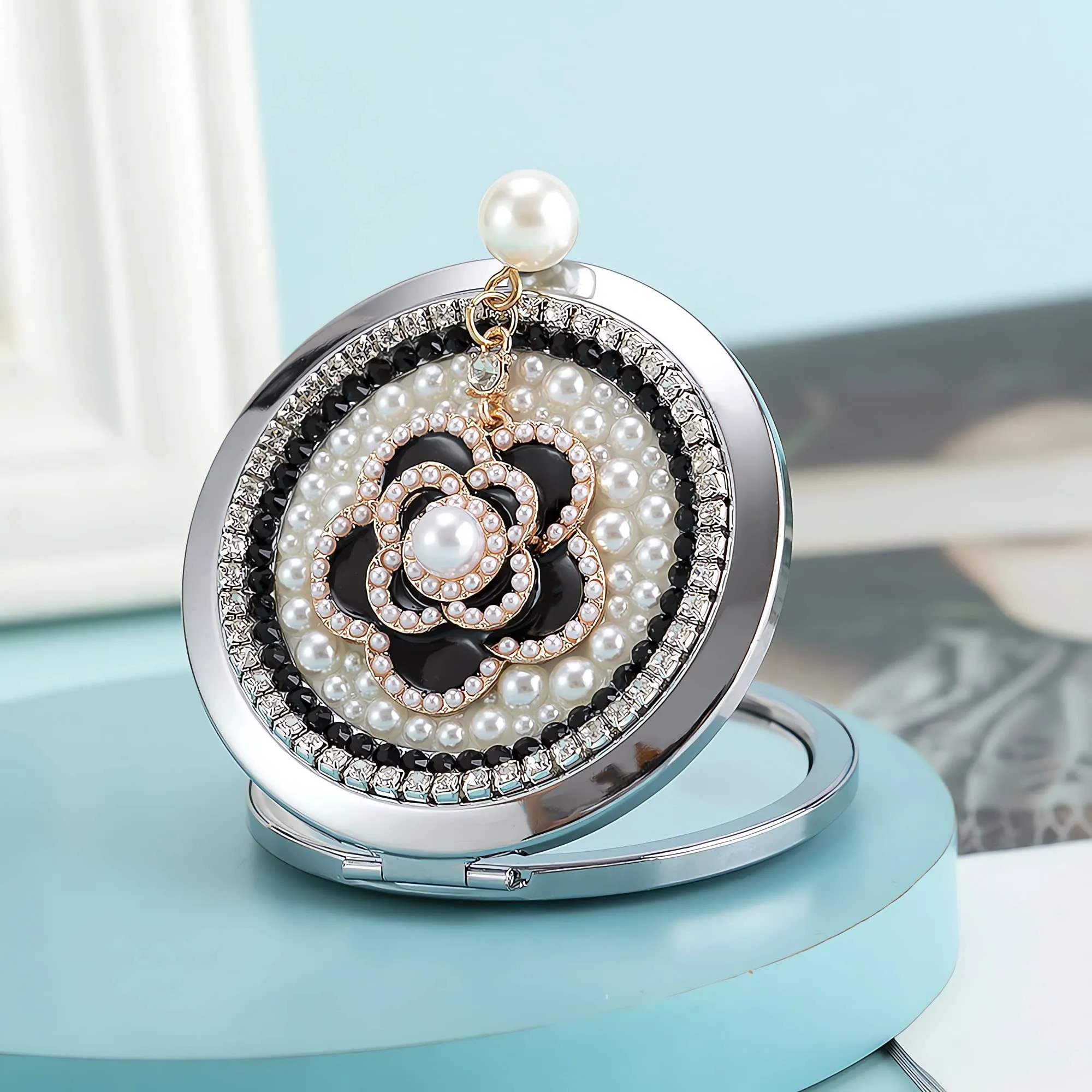 Amanman Compact Mirror 3inch Small Mirror for Purse 1x/2x Magnification Handheld Mirror Lady's Travel Makeup Mirror Gift for Women (Camellia)