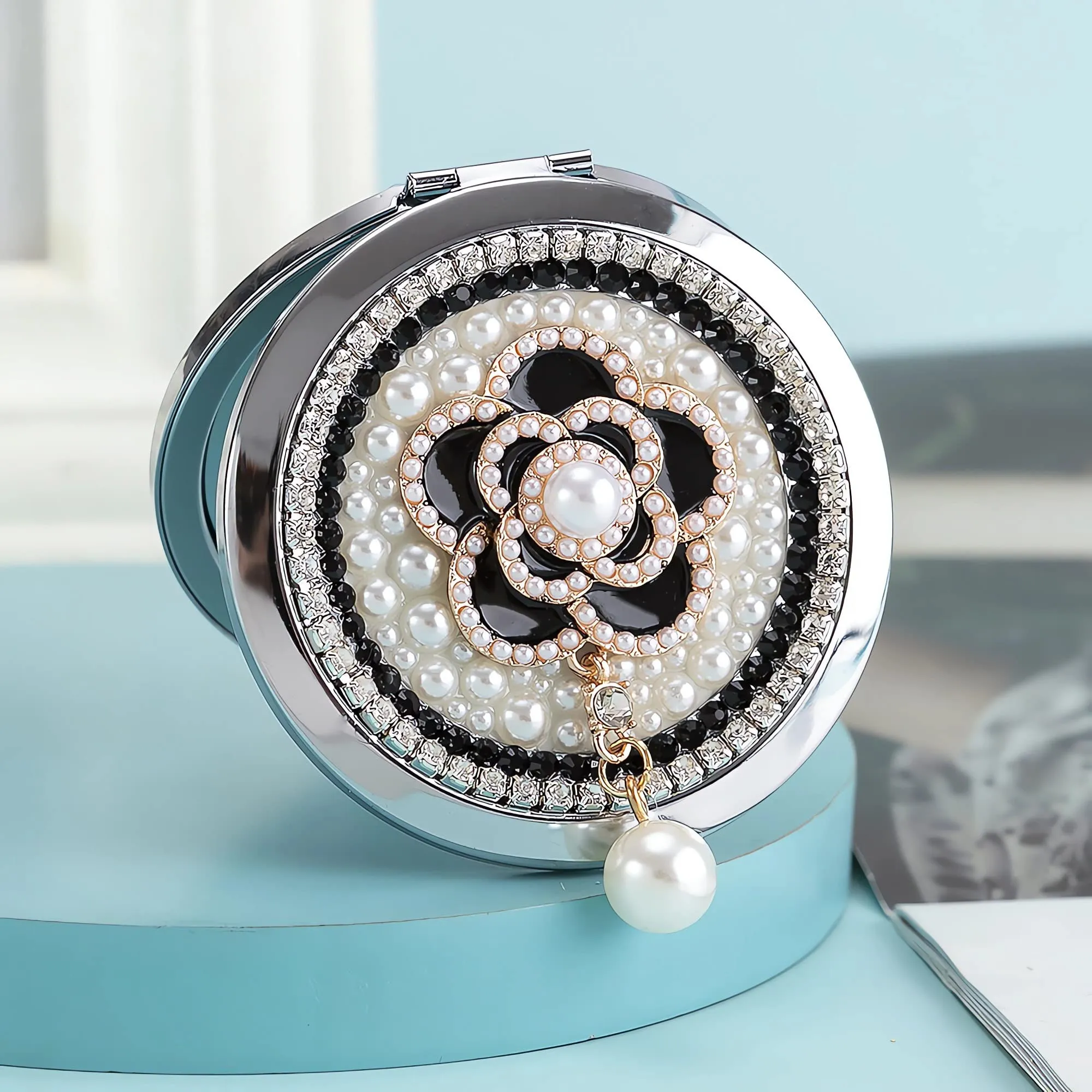 Amanman Compact Mirror 3inch Small Mirror for Purse 1x/2x Magnification Handheld Mirror Lady's Travel Makeup Mirror Gift for Women (Camellia)