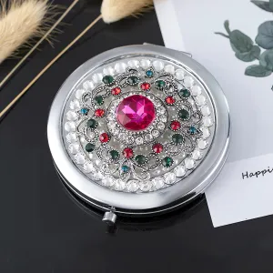 Amanman Pocket Mirror for Women 1x/2x Compact Mirror for Purses Hand Made Small Round Mirror Mini Mirror Girl's Travel Makeup Mirror (Pink Stone)