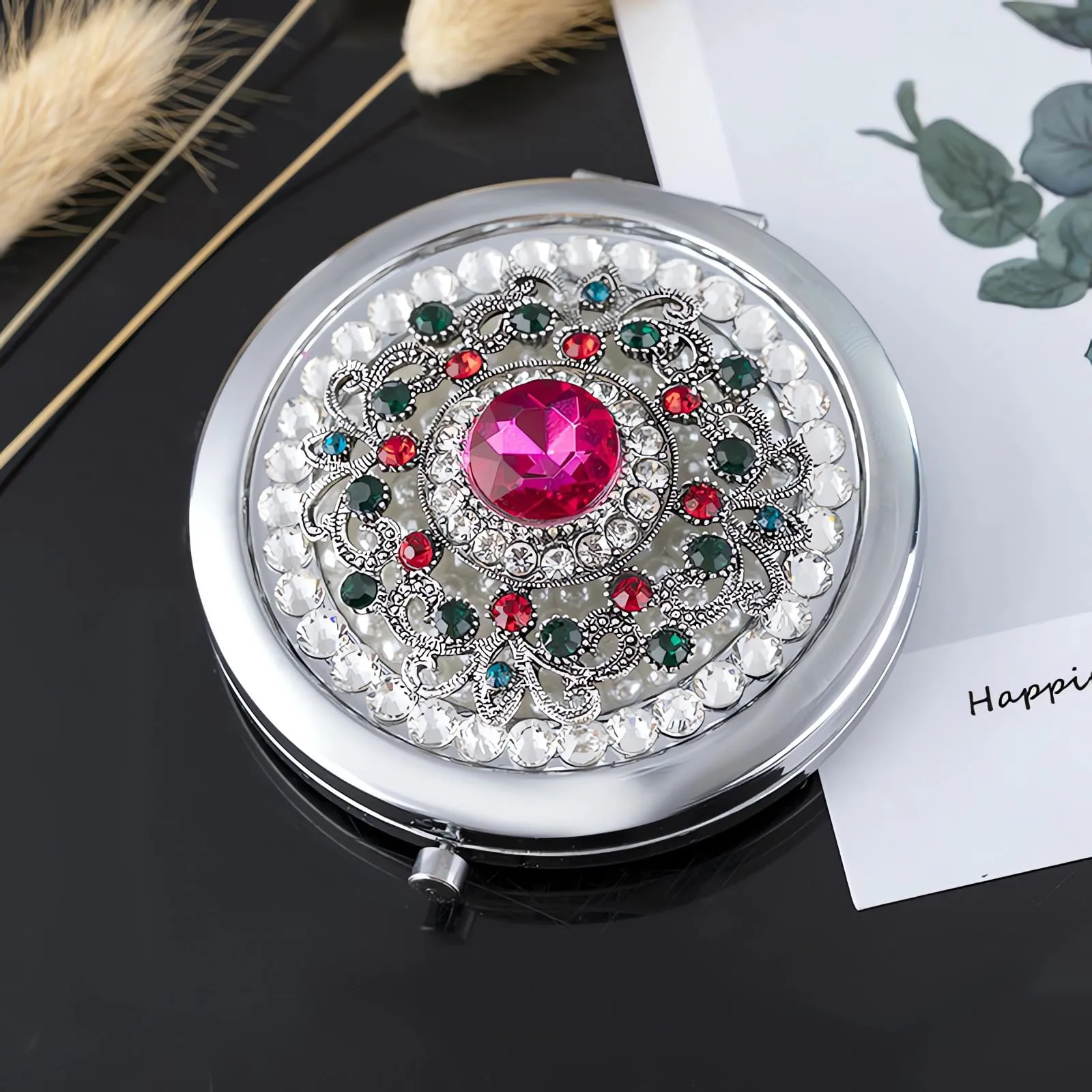 Amanman Pocket Mirror for Women 1x/2x Compact Mirror for Purses Hand Made Small Round Mirror Mini Mirror Girl's Travel Makeup Mirror (Pink Stone)
