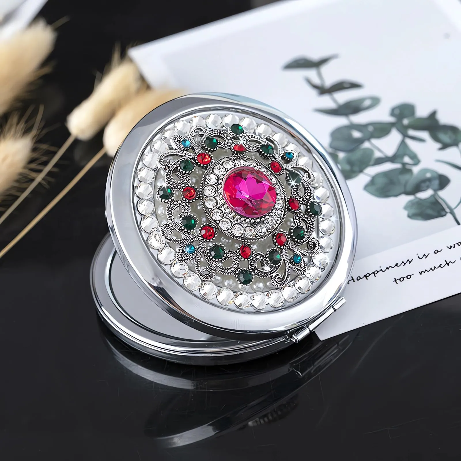 Amanman Pocket Mirror for Women 1x/2x Compact Mirror for Purses Hand Made Small Round Mirror Mini Mirror Girl's Travel Makeup Mirror (Pink Stone)