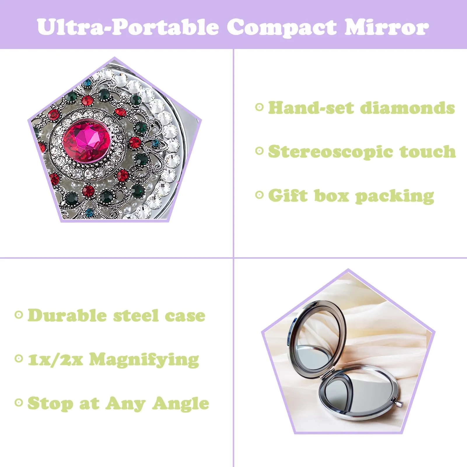 Amanman Pocket Mirror for Women 1x/2x Compact Mirror for Purses Hand Made Small Round Mirror Mini Mirror Girl's Travel Makeup Mirror (Pink Stone)