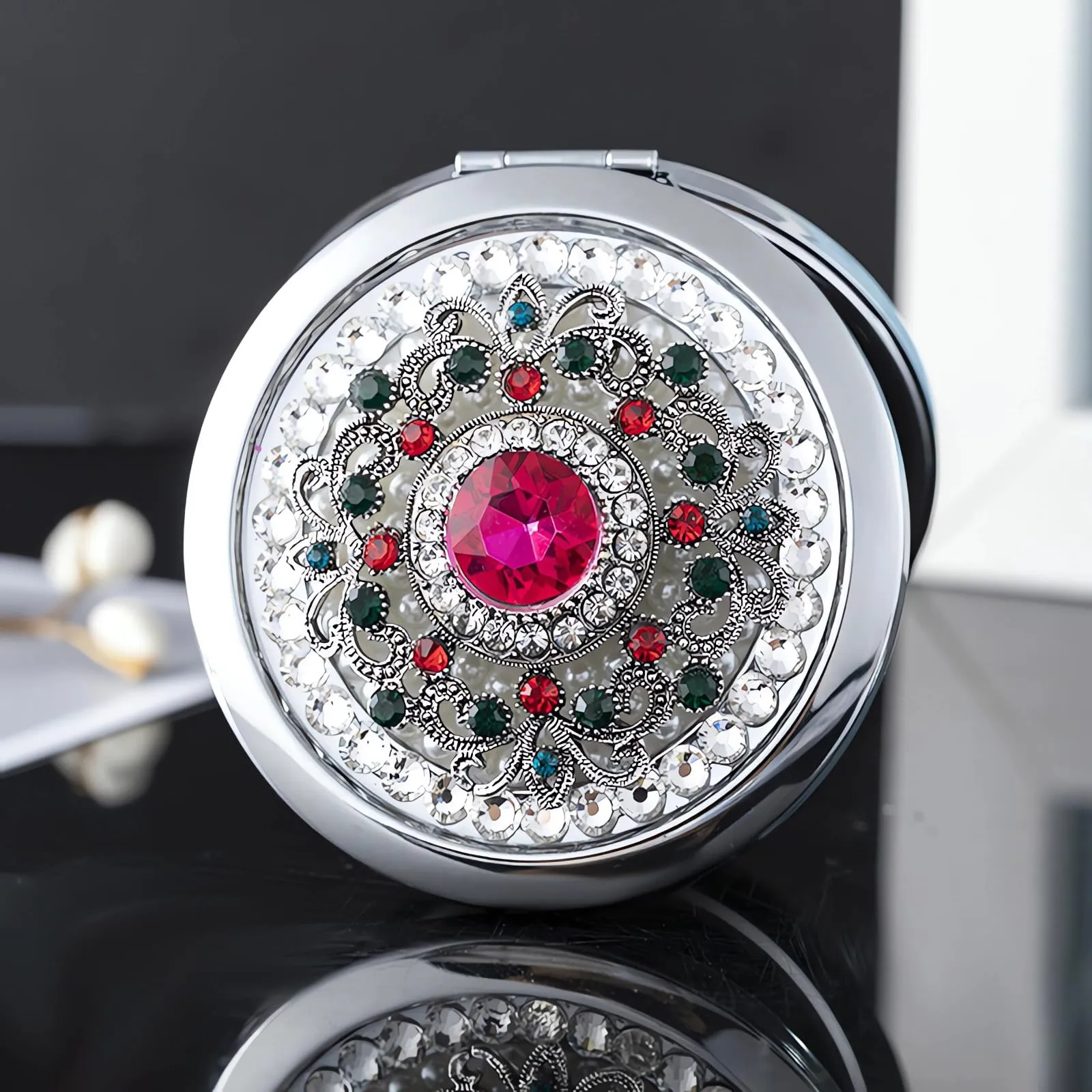 Amanman Pocket Mirror for Women 1x/2x Compact Mirror for Purses Hand Made Small Round Mirror Mini Mirror Girl's Travel Makeup Mirror (Pink Stone)