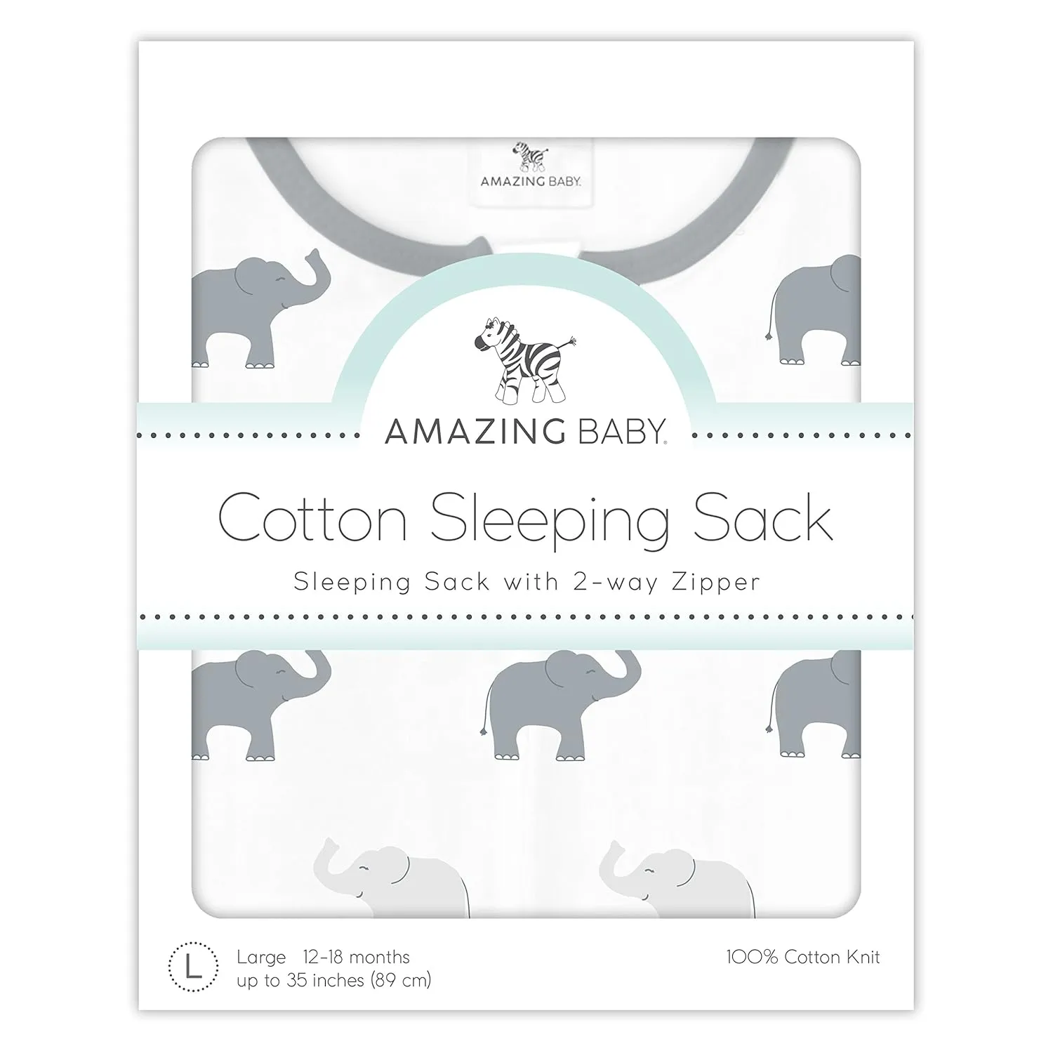Amazing Baby Cotton Sleeping Sack, Wearable Blanket with 2-way Zipper, Sterling Tiny Elephants, Large (12-18mo)