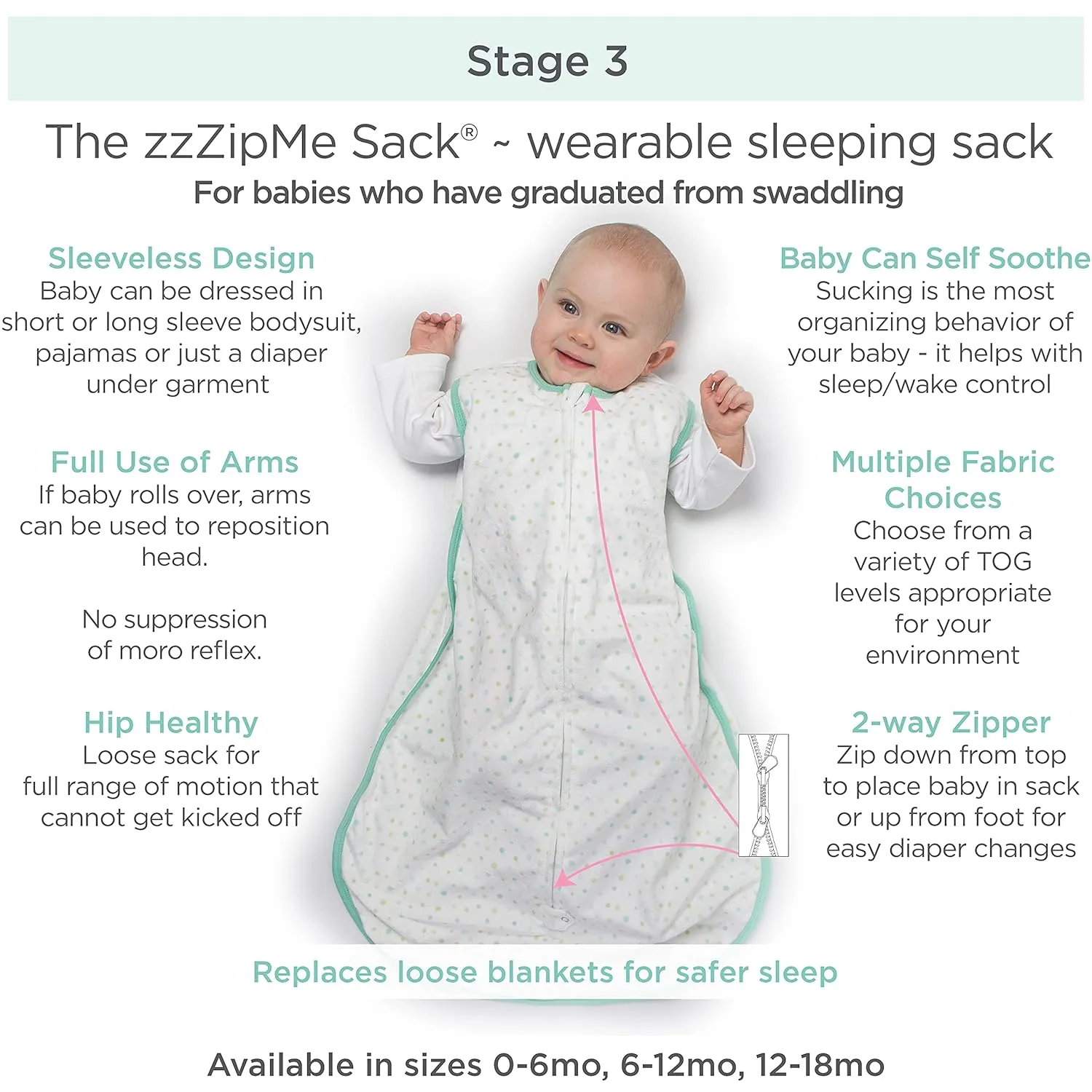 Amazing Baby Cotton Sleeping Sack, Wearable Blanket with 2-way Zipper, Sterling Tiny Elephants, Large (12-18mo)