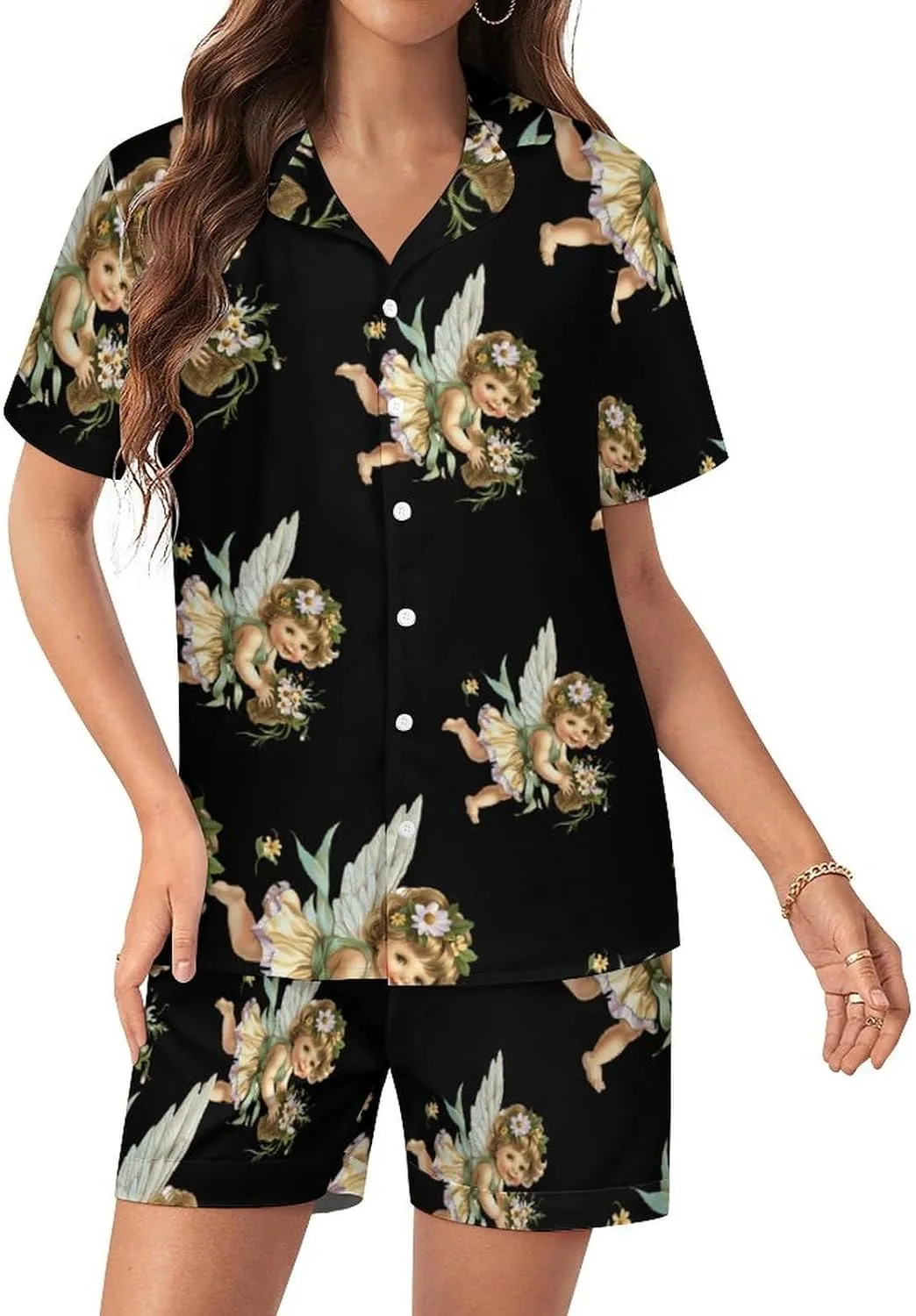 Angelic Cherub Charming Angels Women's Satin Pajama Set Short Sleeve Button Down Sleepwear Loungewear Pj Set