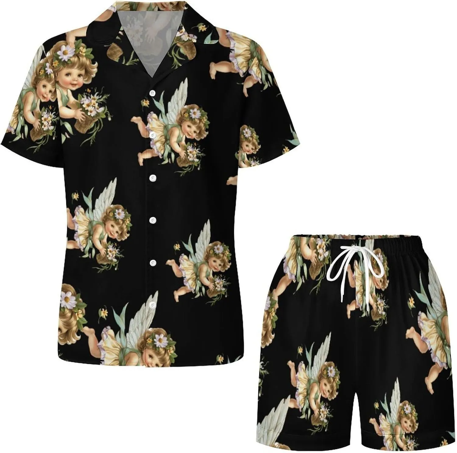 Angelic Cherub Charming Angels Women's Satin Pajama Set Short Sleeve Button Down Sleepwear Loungewear Pj Set