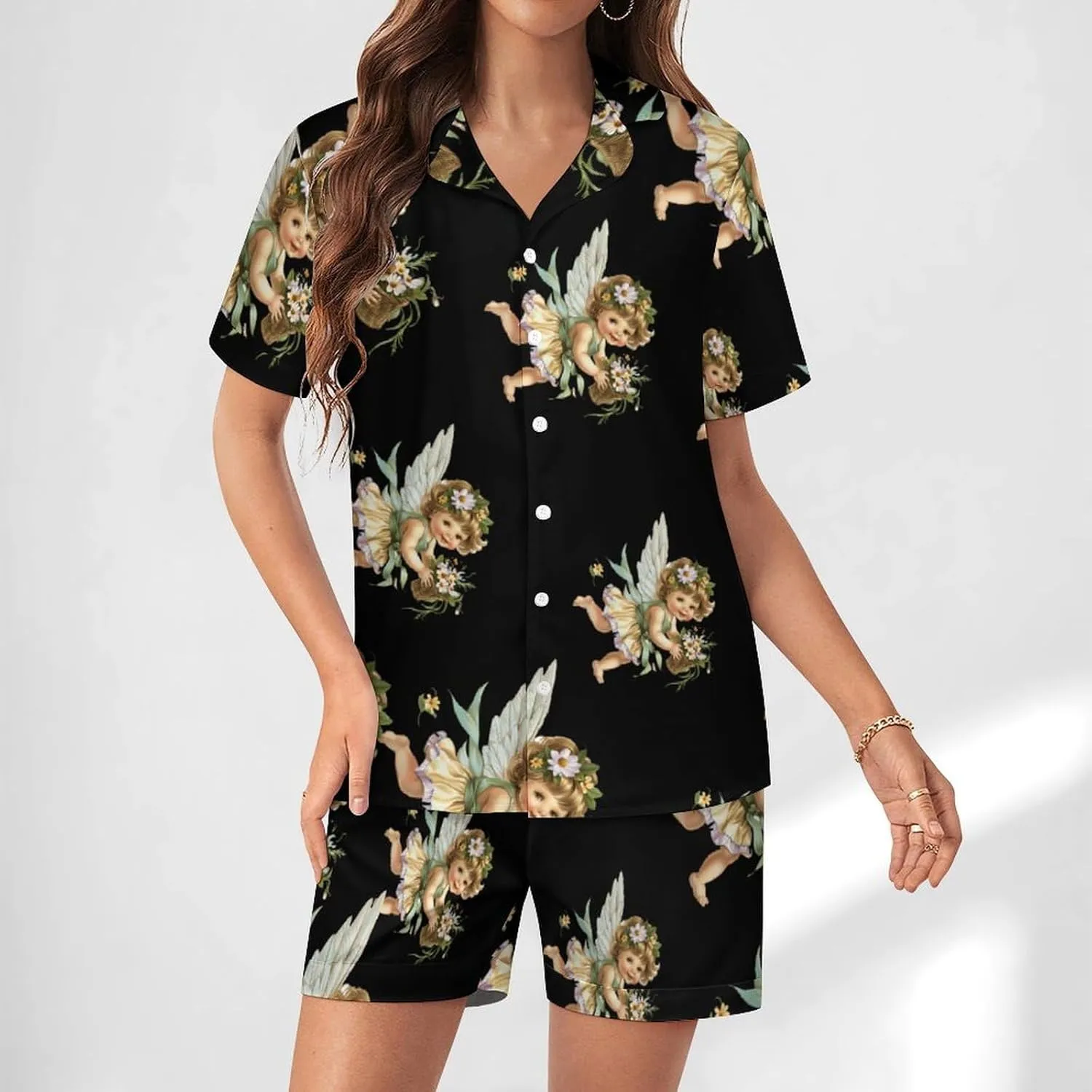 Angelic Cherub Charming Angels Women's Satin Pajama Set Short Sleeve Button Down Sleepwear Loungewear Pj Set