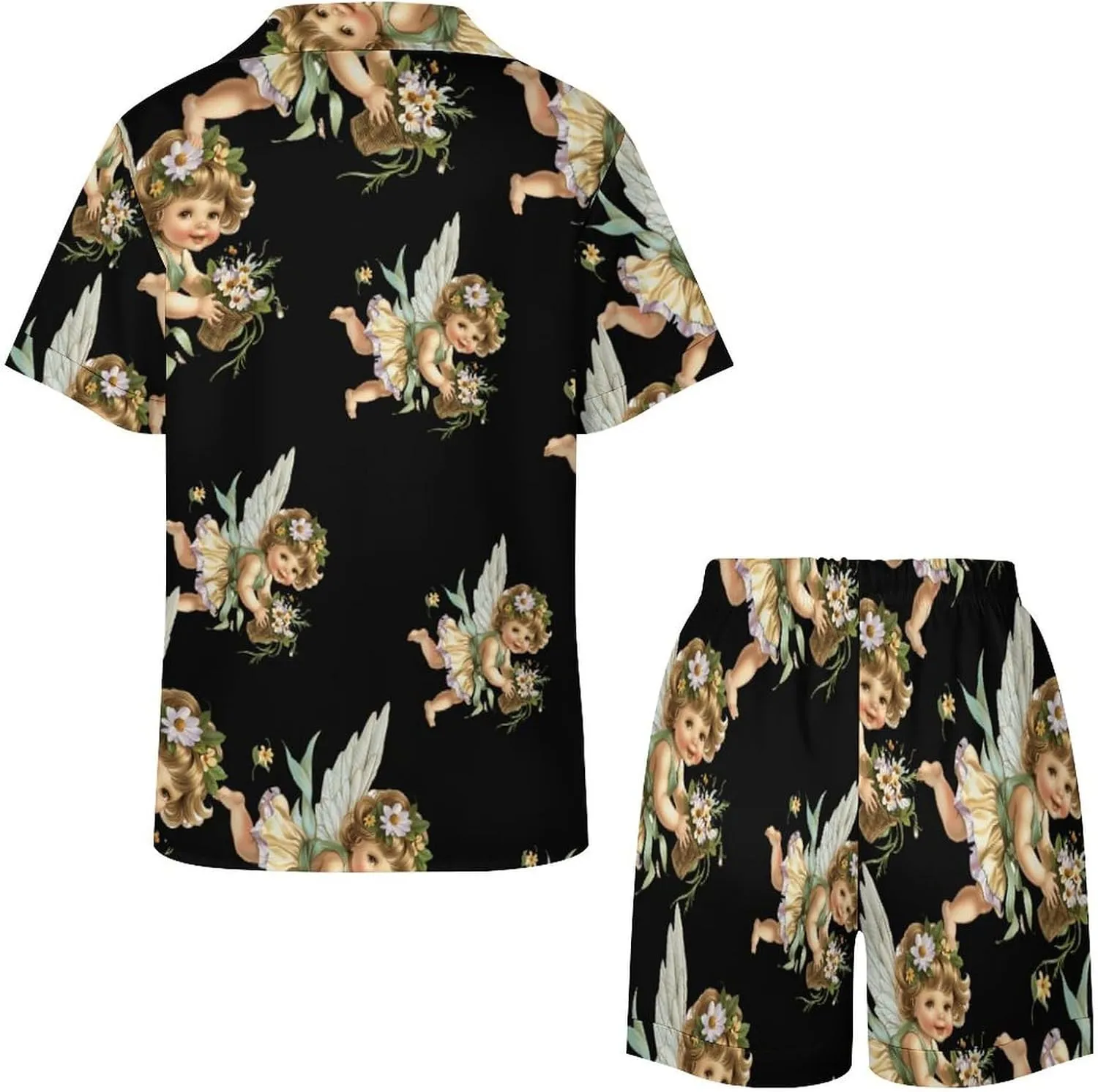 Angelic Cherub Charming Angels Women's Satin Pajama Set Short Sleeve Button Down Sleepwear Loungewear Pj Set
