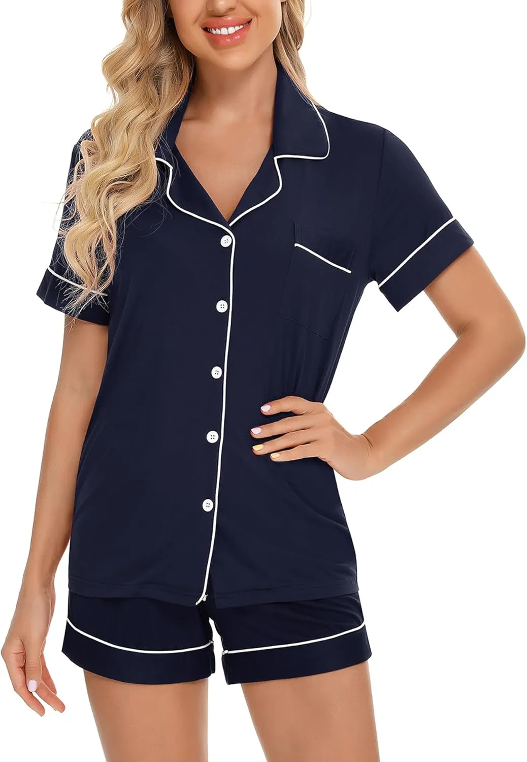 Anjue Womens Pajamas Set Short Sleeve Sleepwear Button Down Nightwear Shorts Soft Pj Sets S-XXL