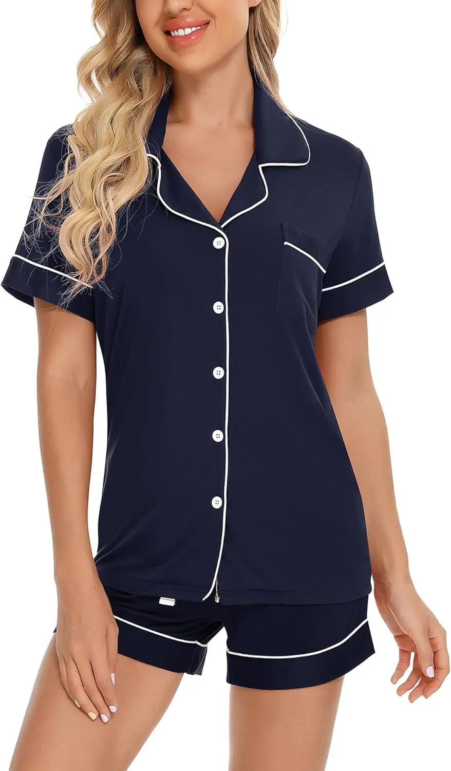 Anjue Womens Pajamas Set Short Sleeve Sleepwear Button Down Nightwear Shorts Soft Pj Sets S-XXL