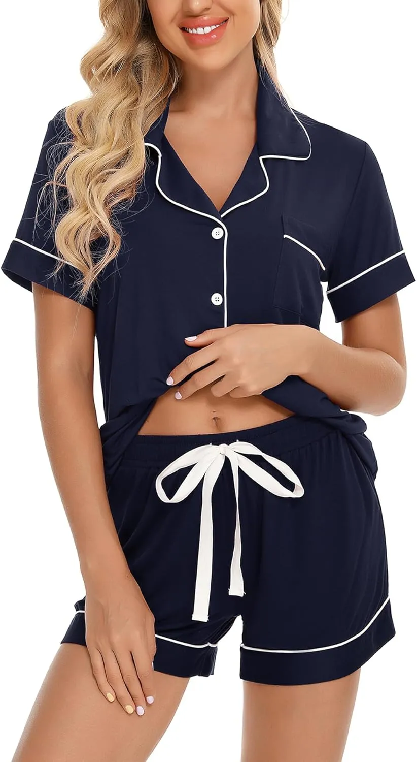 Anjue Womens Pajamas Set Short Sleeve Sleepwear Button Down Nightwear Shorts Soft Pj Sets S-XXL