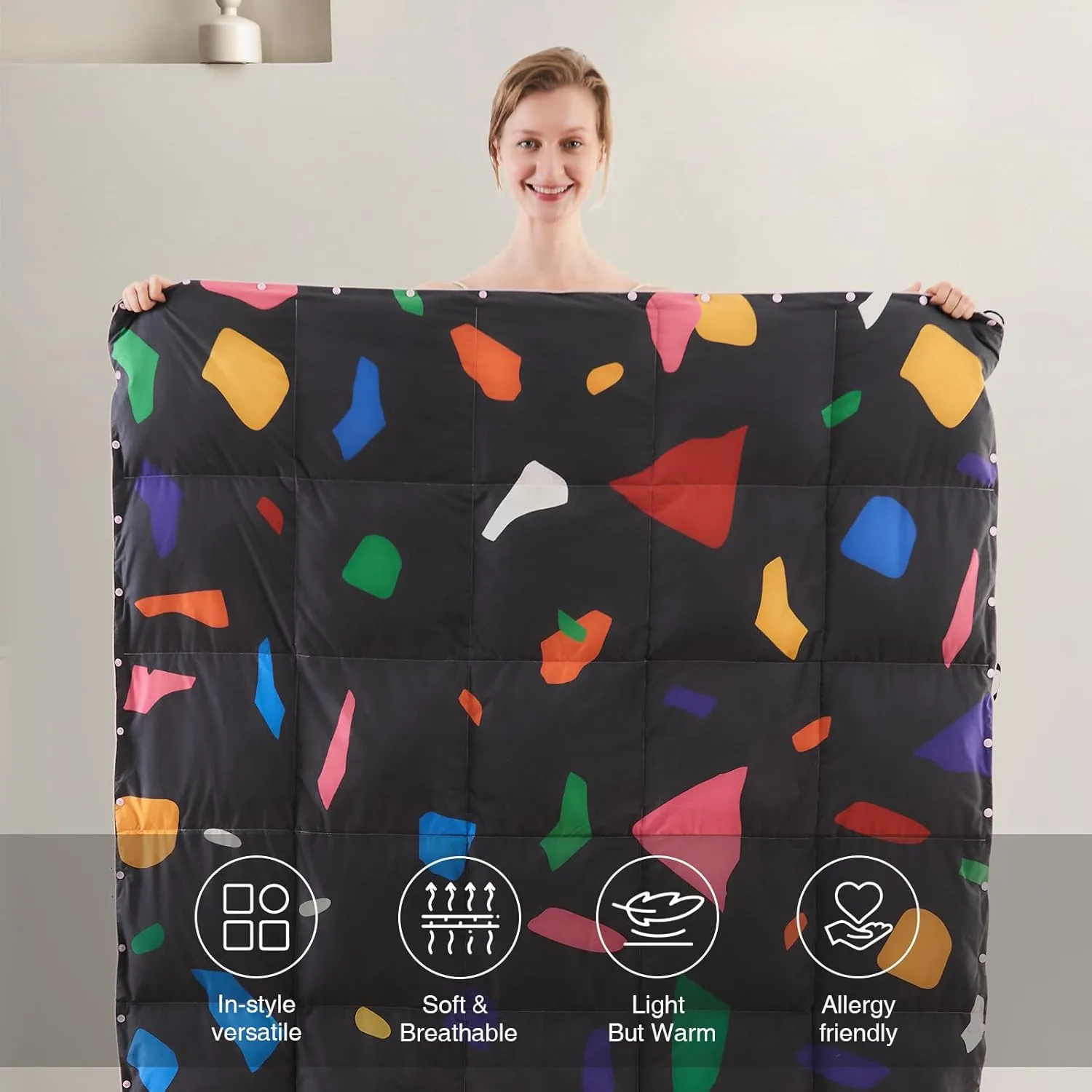 APSMILE Confetti Print Down Throw Blanket | Indoor/Outdoor Extra Fluffy & Warm Packable Down Feather Fibers Blanket with Snap Buttons for Bed, Couch, Sofa, Travel, Camping, 50x70 Inches