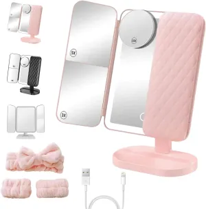 Aristoparis Trifold Led Makeup Mirror, Glisera Smart Mirror, Makeup Mirror with Lights and Magnification, Glisera Smart Mirror Vanity, Glisera Smart Makeup Mirror Travel (Pink)