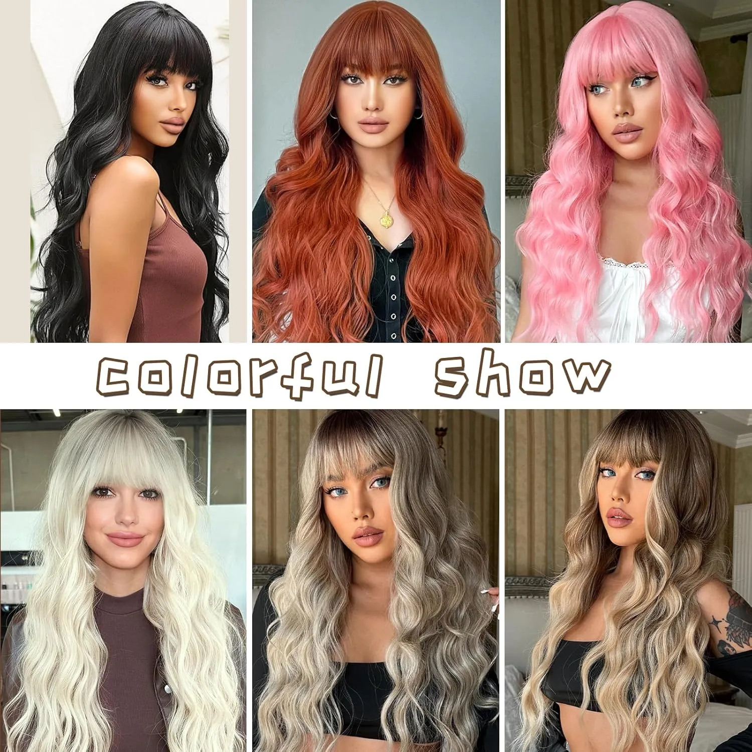 Ash Blonde Wigs with Bangs Long Wavy Ombre Wig for Women,Blonde Synthetic Heat Resistant Wigs for Daily Party Use