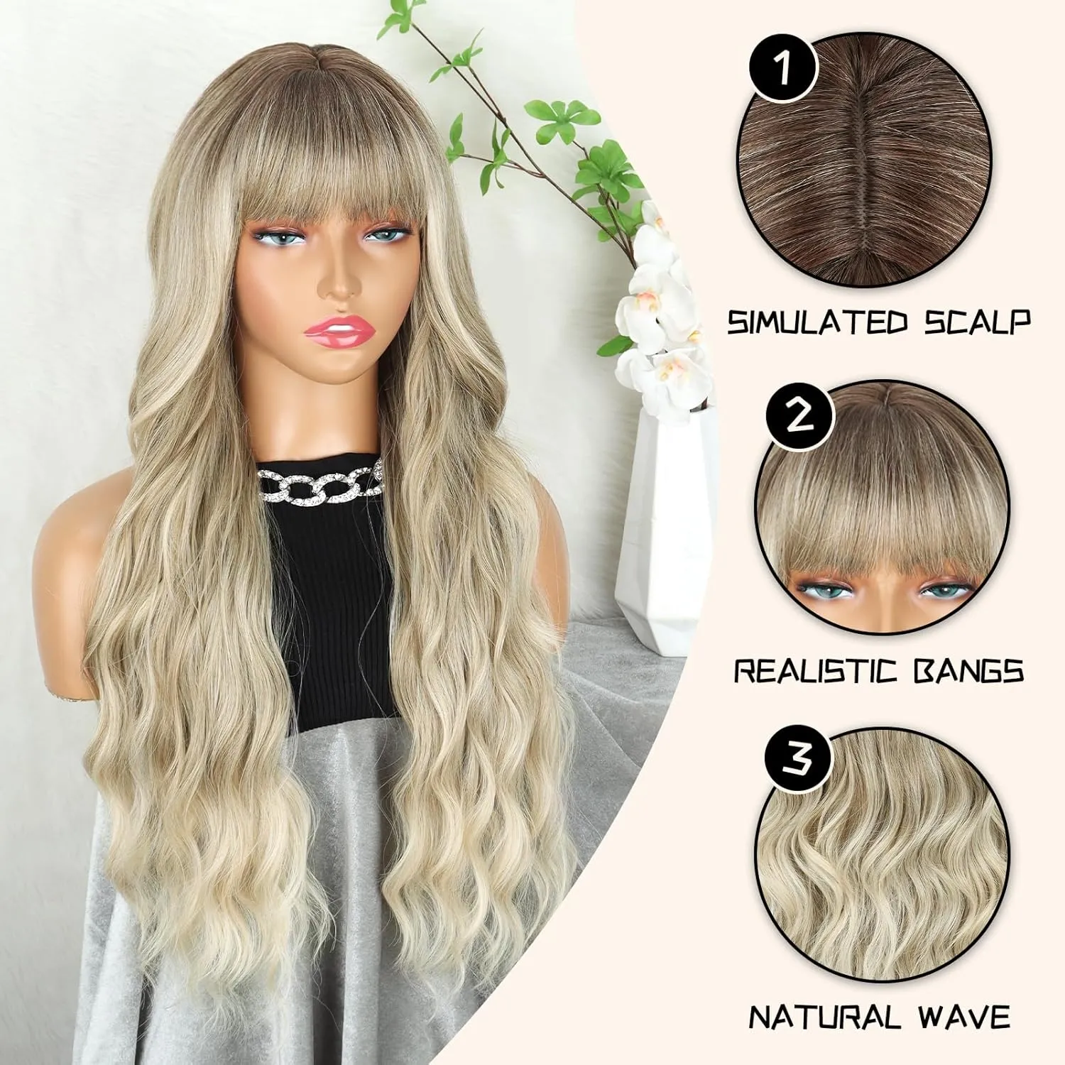 Ash Blonde Wigs with Bangs Long Wavy Ombre Wig for Women,Blonde Synthetic Heat Resistant Wigs for Daily Party Use