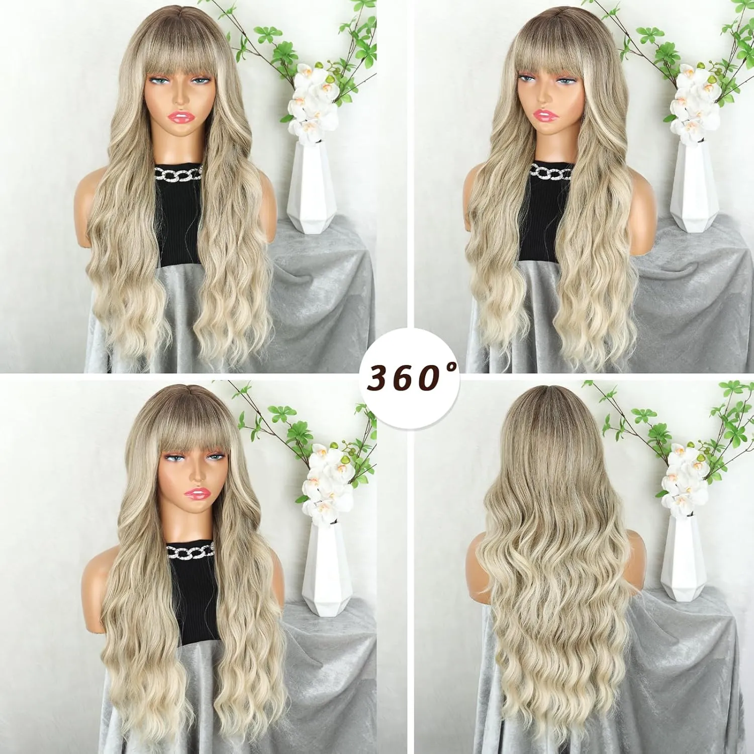 Ash Blonde Wigs with Bangs Long Wavy Ombre Wig for Women,Blonde Synthetic Heat Resistant Wigs for Daily Party Use